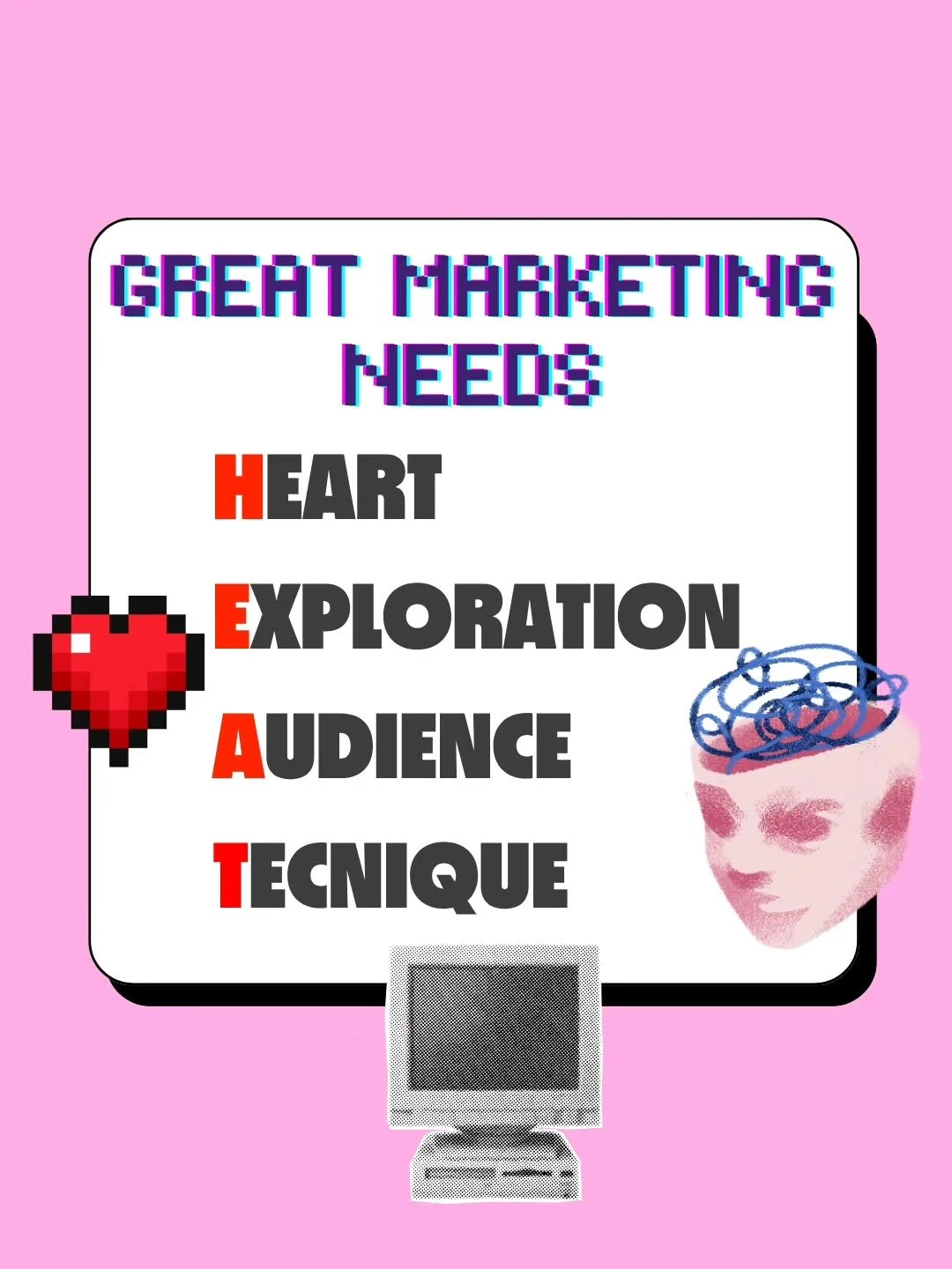 Hiya, I&rsquo;m Eleanor 👋 and I believe all great marketing needs HEAT

🔥 Heart... market ethically, be intentional, and if someone&rsquo;s not the right fit for what you&rsquo;re selling, let them walk away.

🔥 Exploration... stay curious. Test s