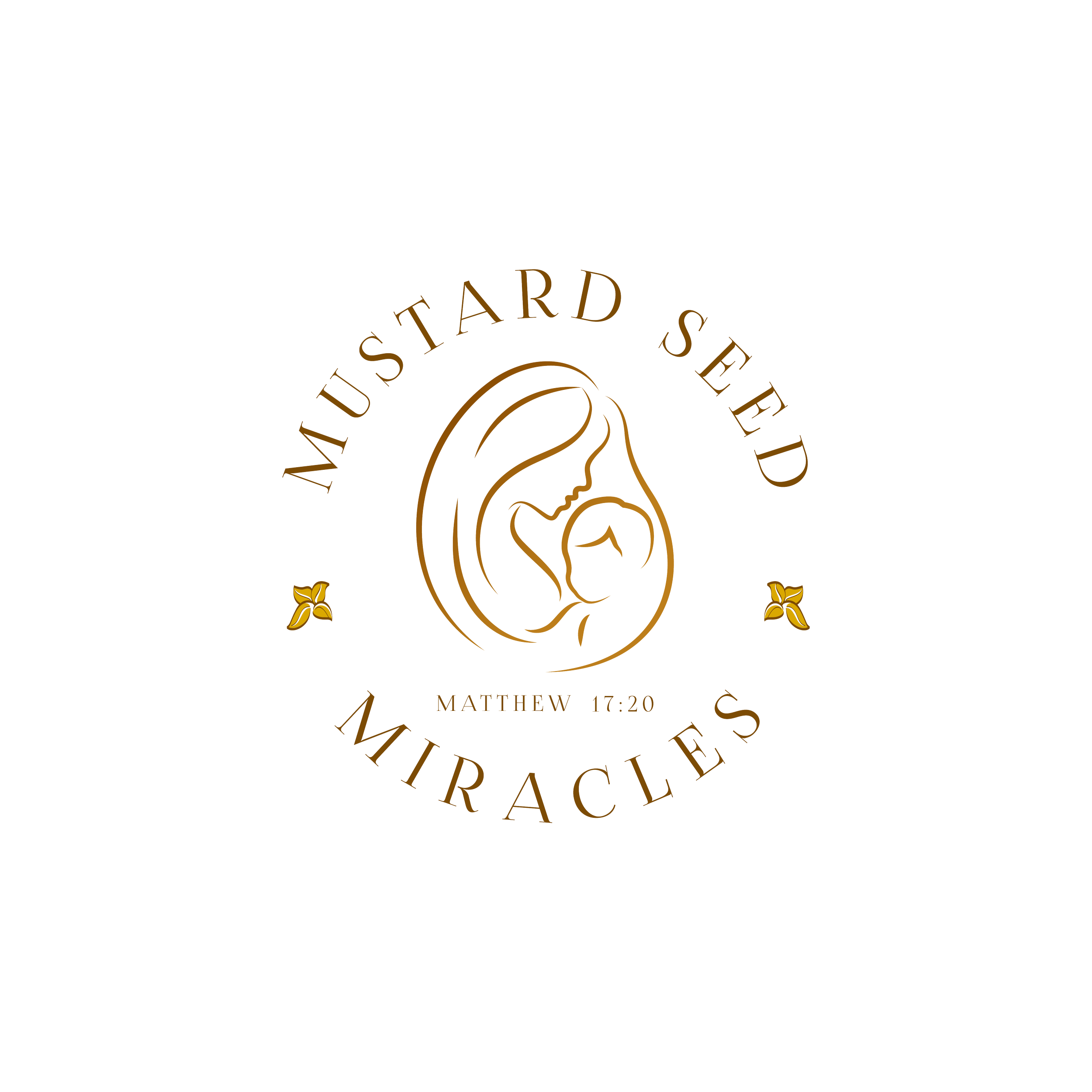 Logo with outline of a woman, a child, and the phrase 'Mustard Seed Miracles' with biblical quote Matthew 17:20, and decorative leaves on a black background.