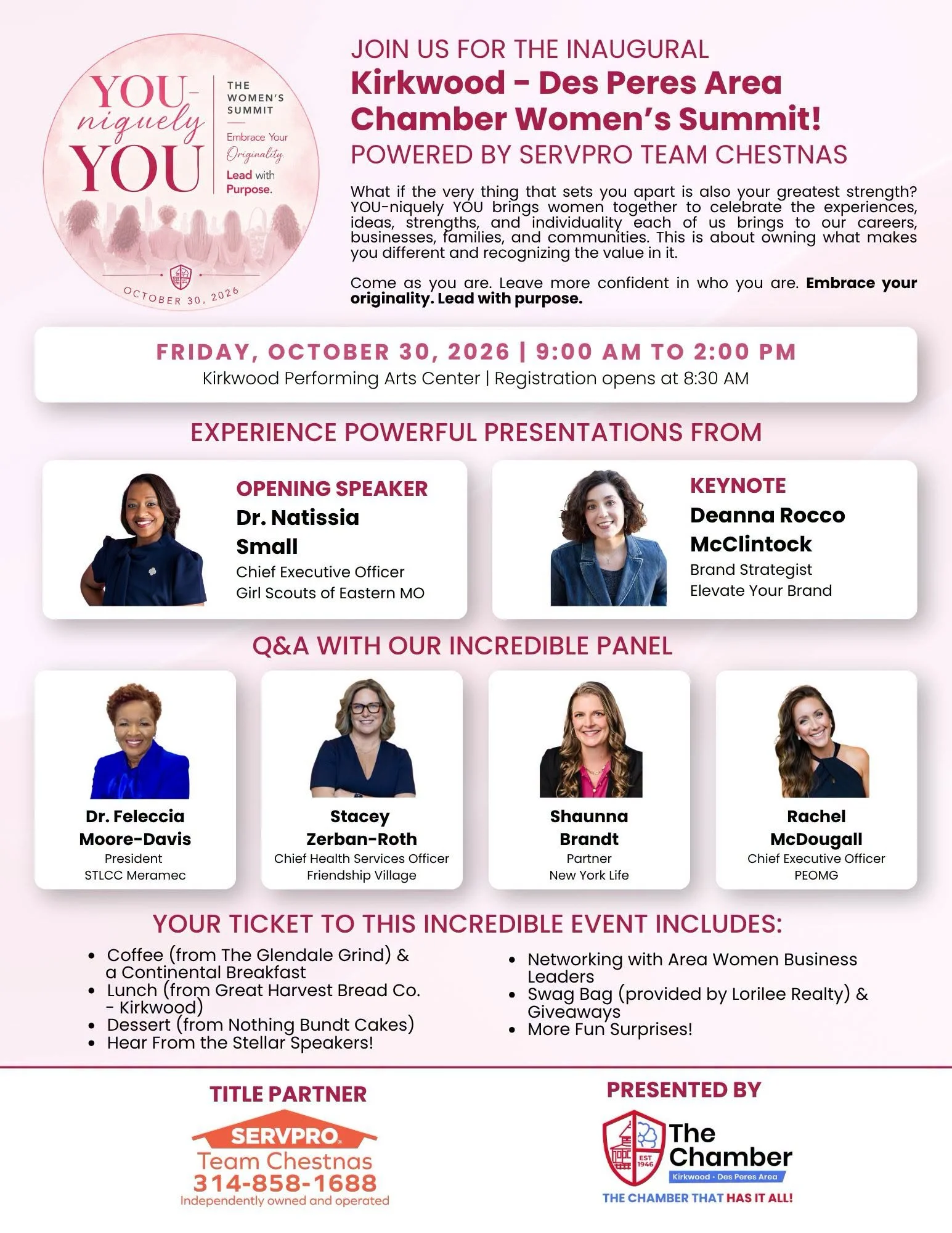 Event flyer for the Kirkwood-Des Peres Area Chamber Women's Summit on October 30, 2026, from 9 am to 2 pm at Kirkwood Performing Arts Center, featuring speakers Dr. Natissa Small and Deanna Rocco McClintock, with details of event activities and sponsors.