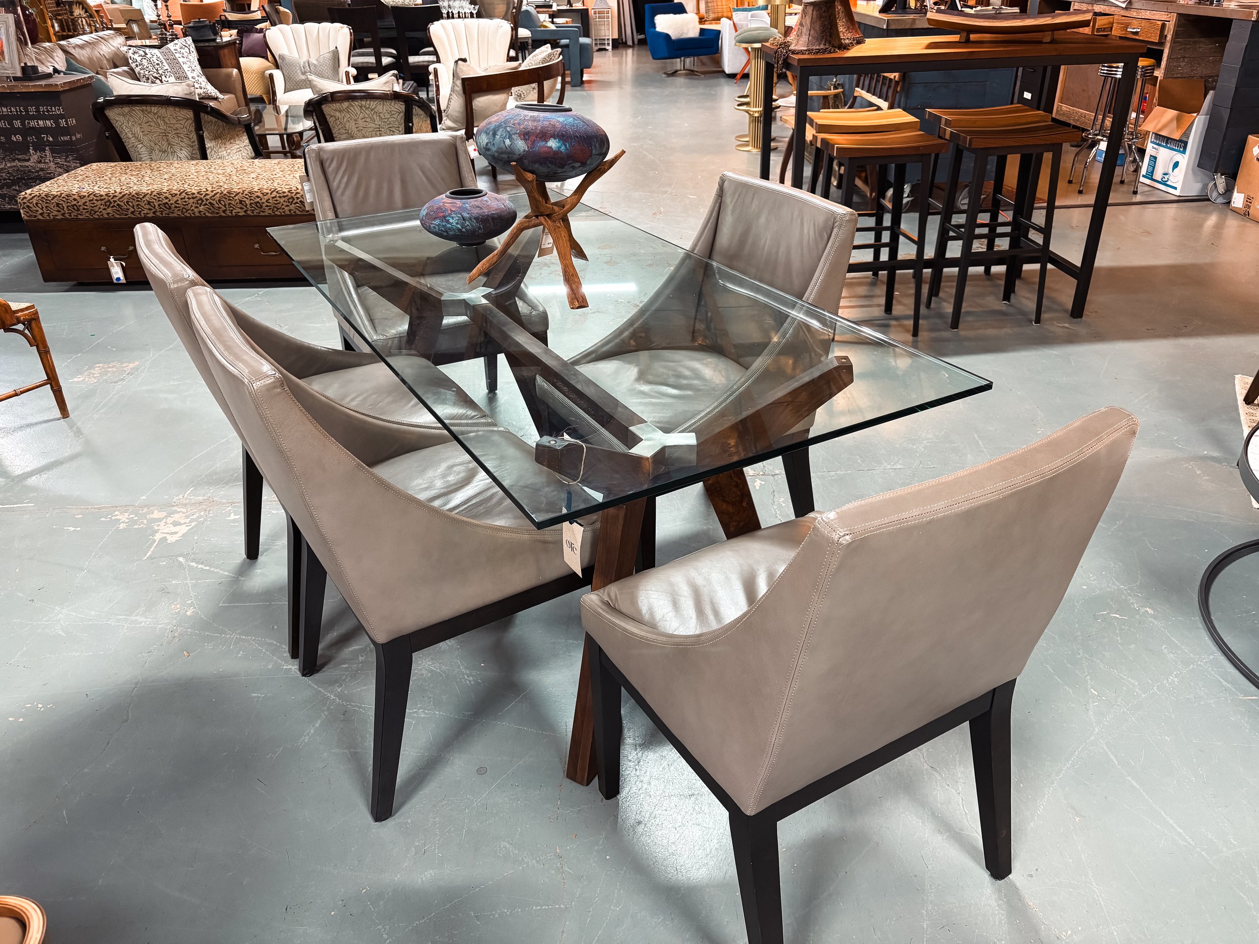 Walnut & Glass Top Desk/Table (NEW) - $800
Set of 5 West Elm Cuved Leather Dining Chairs - $750