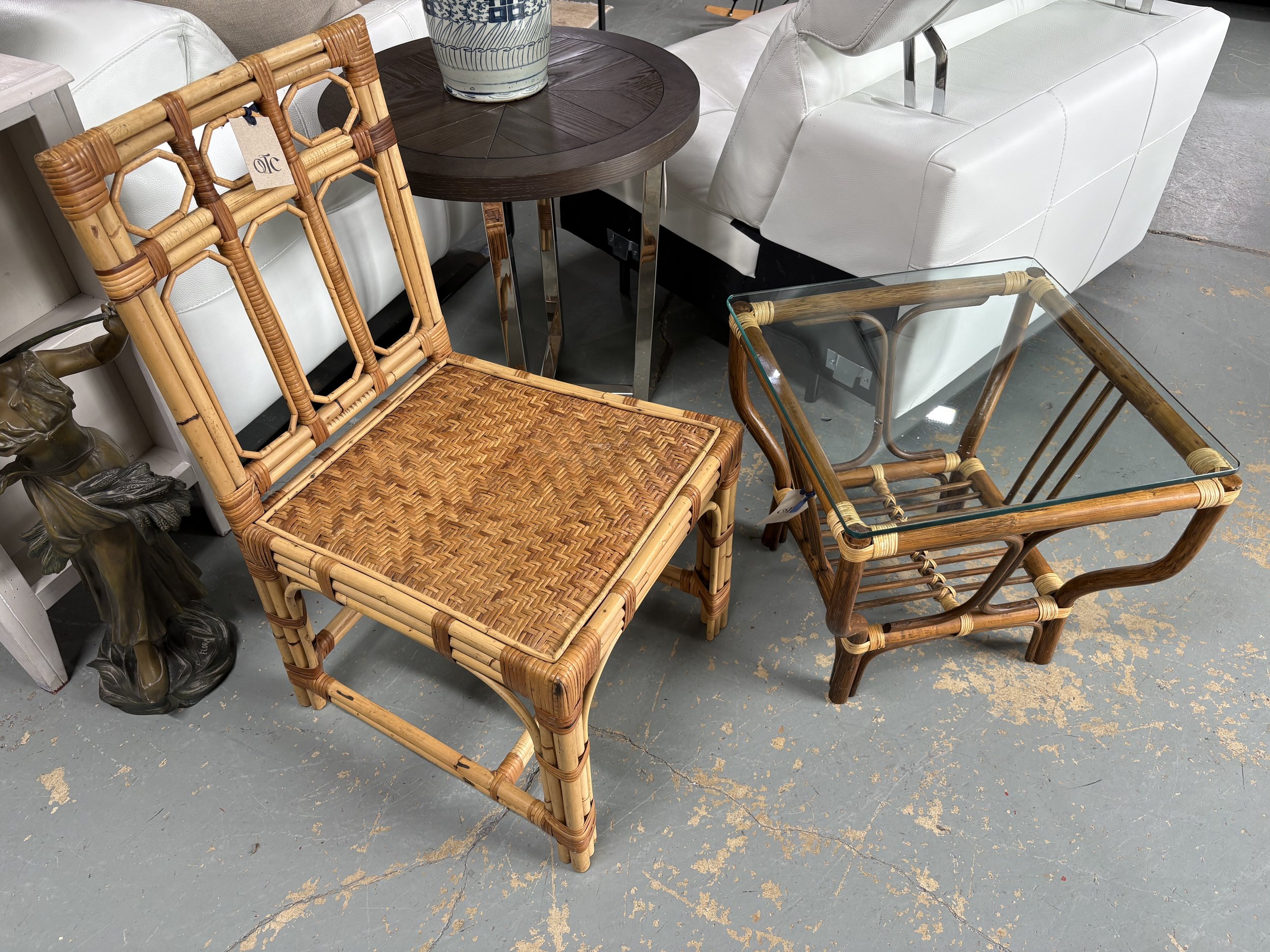 Vintage Rattan Chair $200 / Vint. Rattan Side Table $150