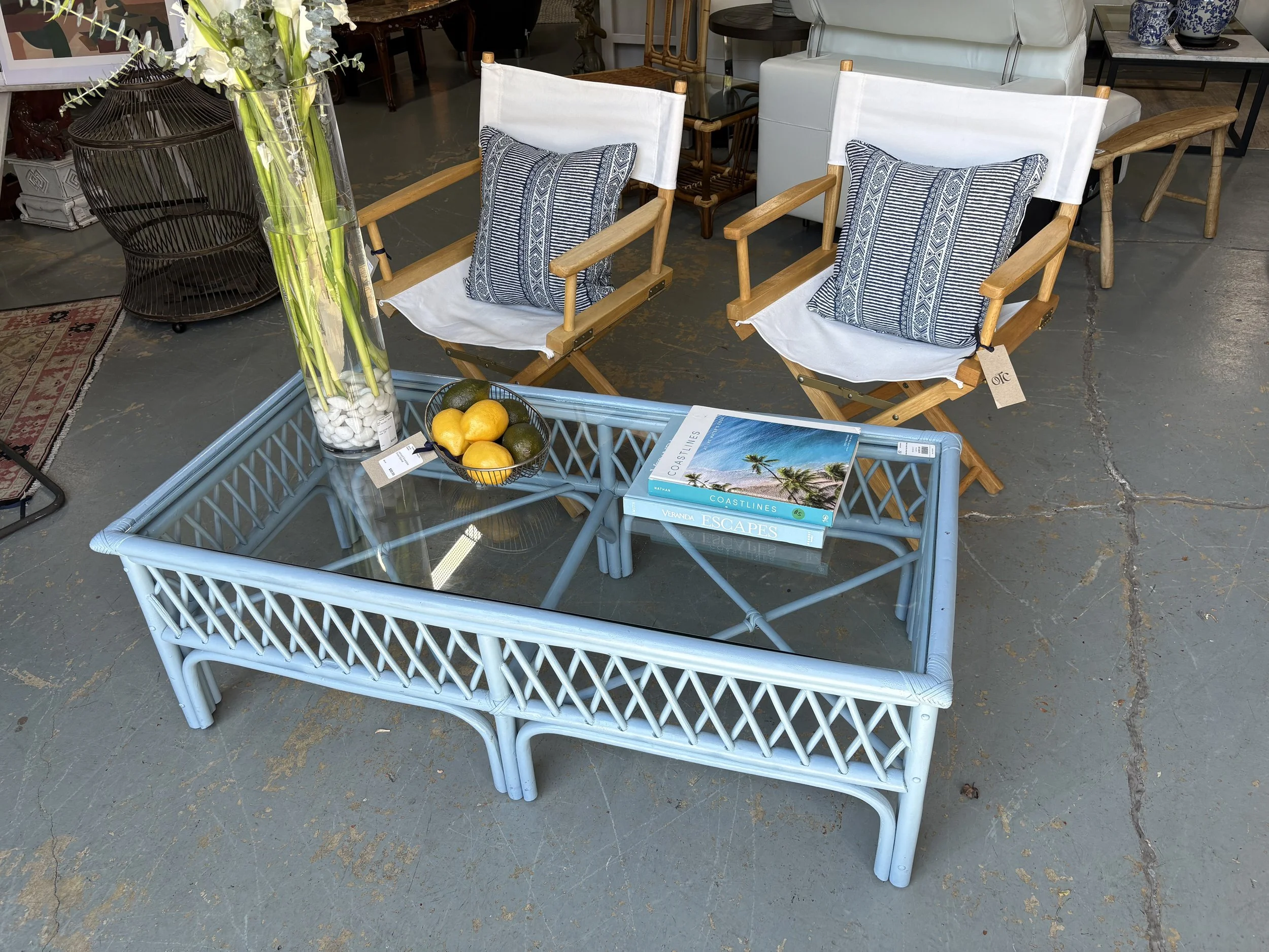 Rattan Glasstop Coffee Table - $295
Directors Chairs (2) - $125 ea.