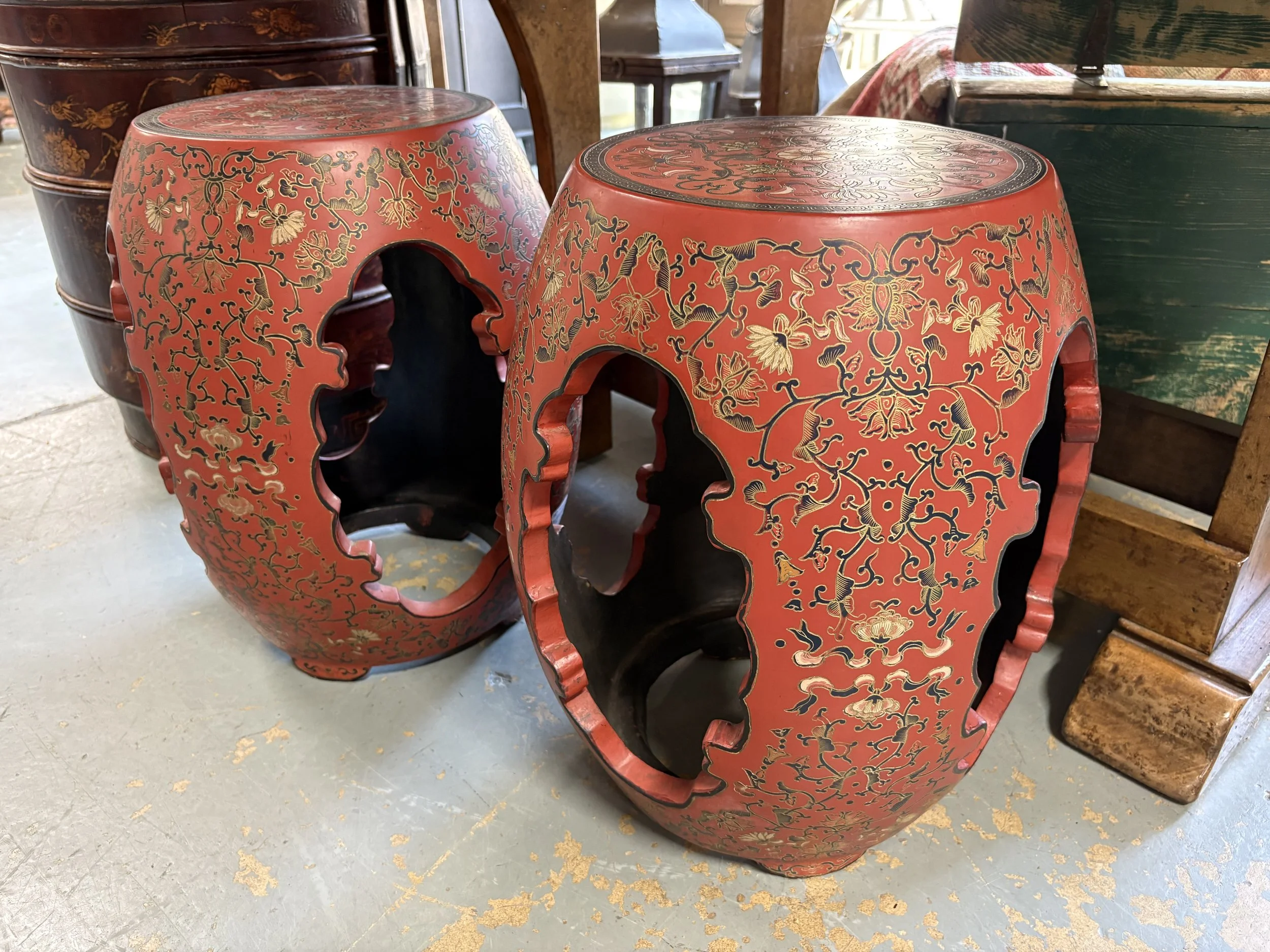 Antique Hand Carved/Painted Lacquer Garden Stools - $500 ea.
