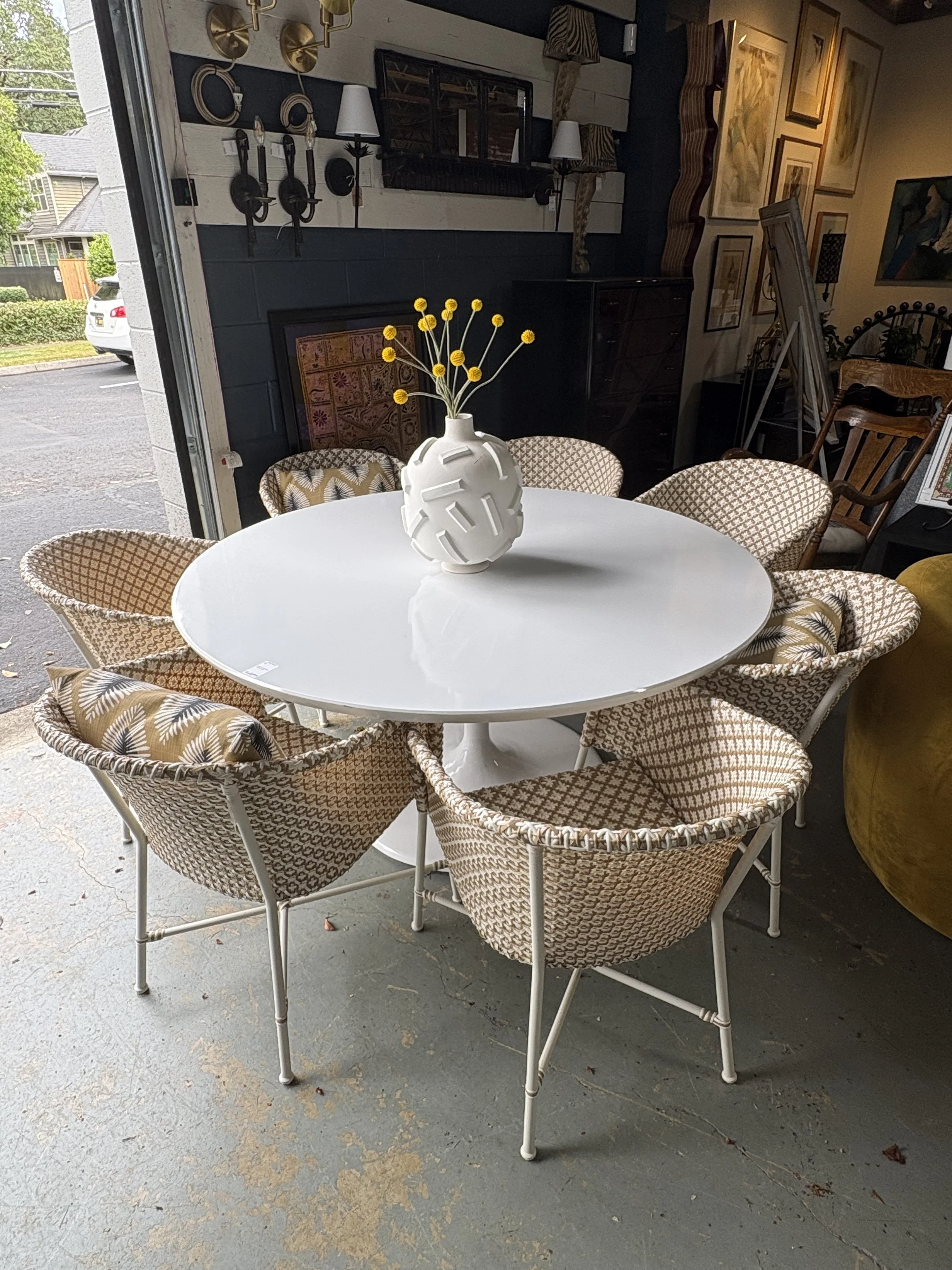 Steel 60" Outdoor Tulip Table $1,600 / W.E. Wicker Chairs (2 left) $100 ea.