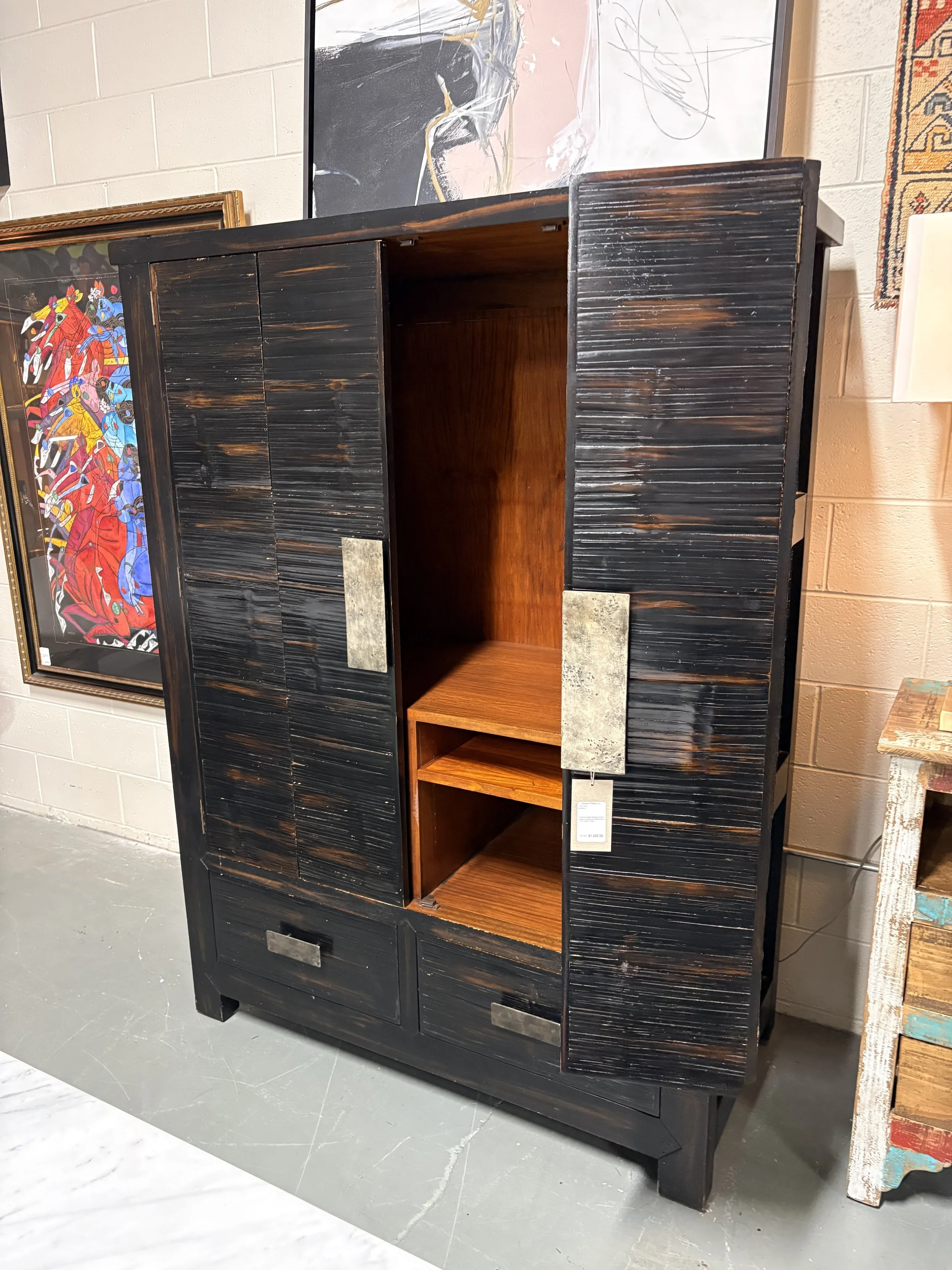 Ebonized Sliced Bamboo Asian Armoire - $860