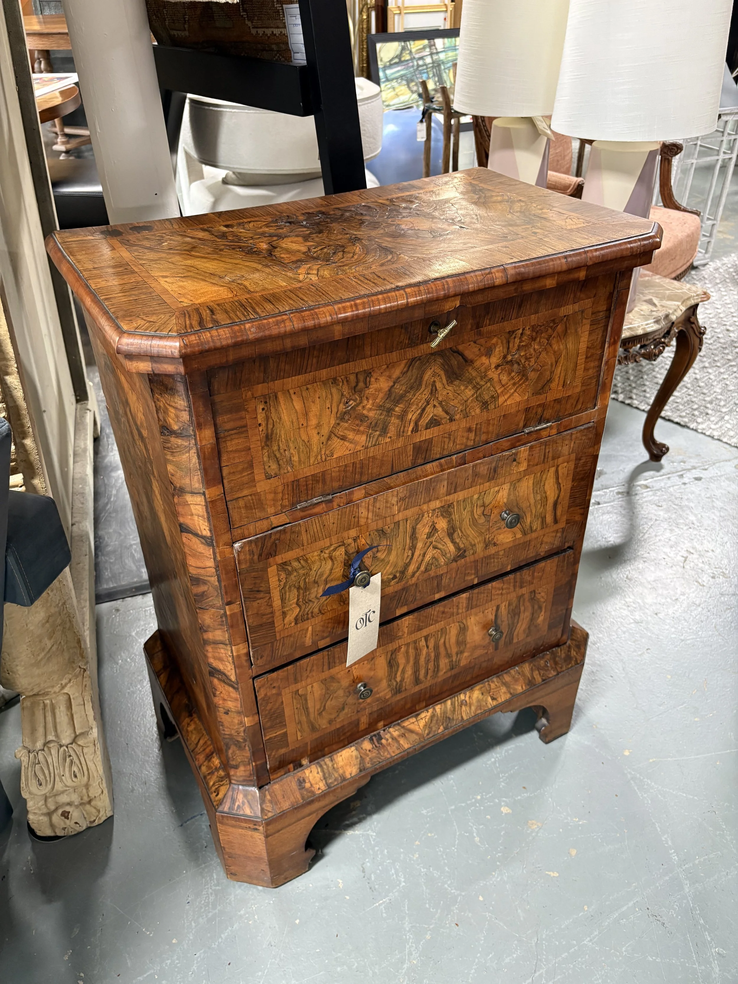 English 3 Drawer Walnut Burl Stand c.1725 - $1,200
