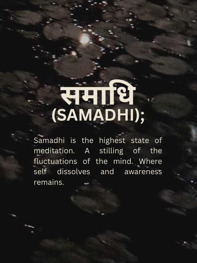 Text overlay on a dark pond with lily pads explaining Samadhi as the highest state of meditation where the mind is still and awareness remains.