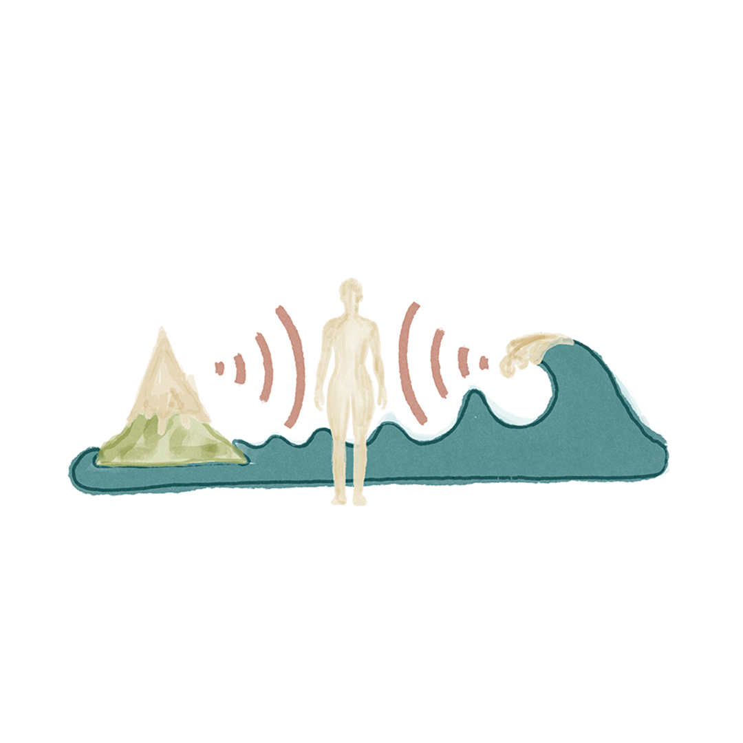 A cartoon illustration of a human figure standing among natural and abstract elements, including a mountain and wavy shapes, with stylized exclamation points in the background.