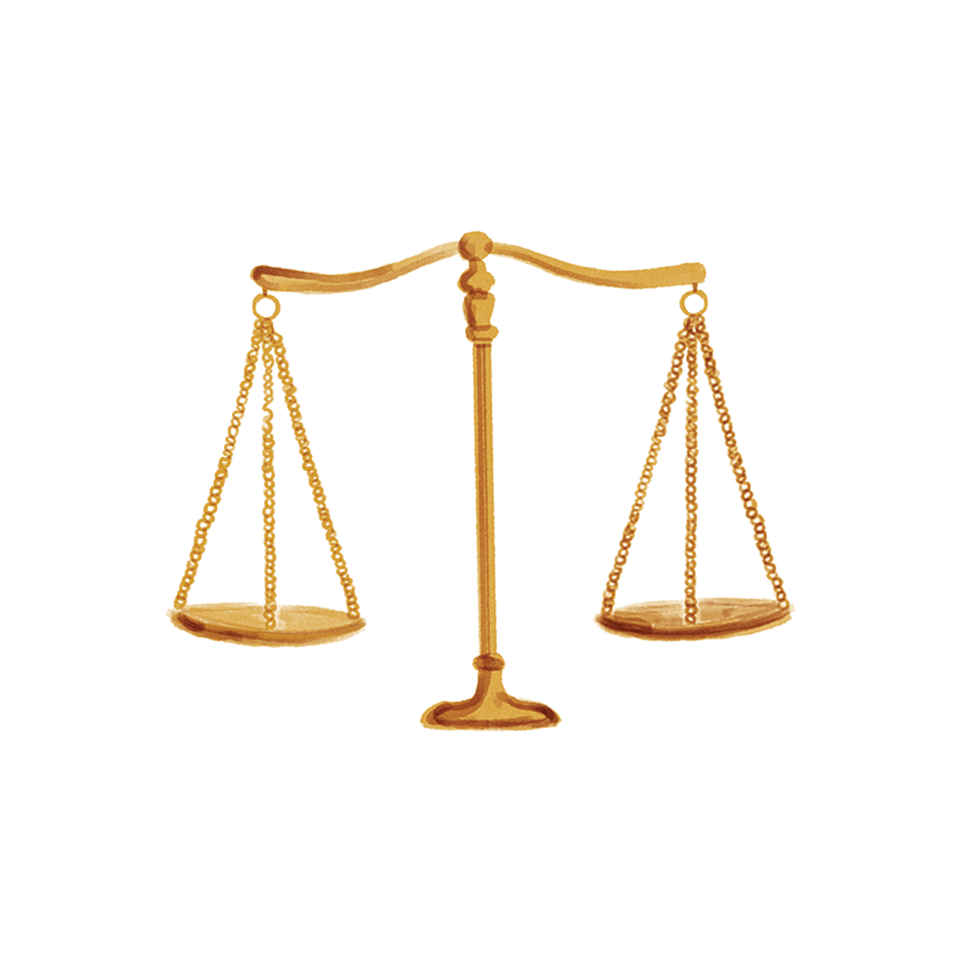 Illustration of a balanced scale with two pans, one on each side, connected by chains to a central stand.