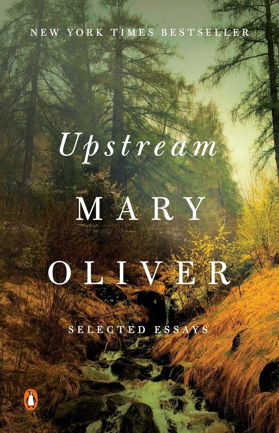 Book cover titled 'Upstream' by Mary Oliver. Features a forest scene with a stream and trees, with sunlight filtering through.