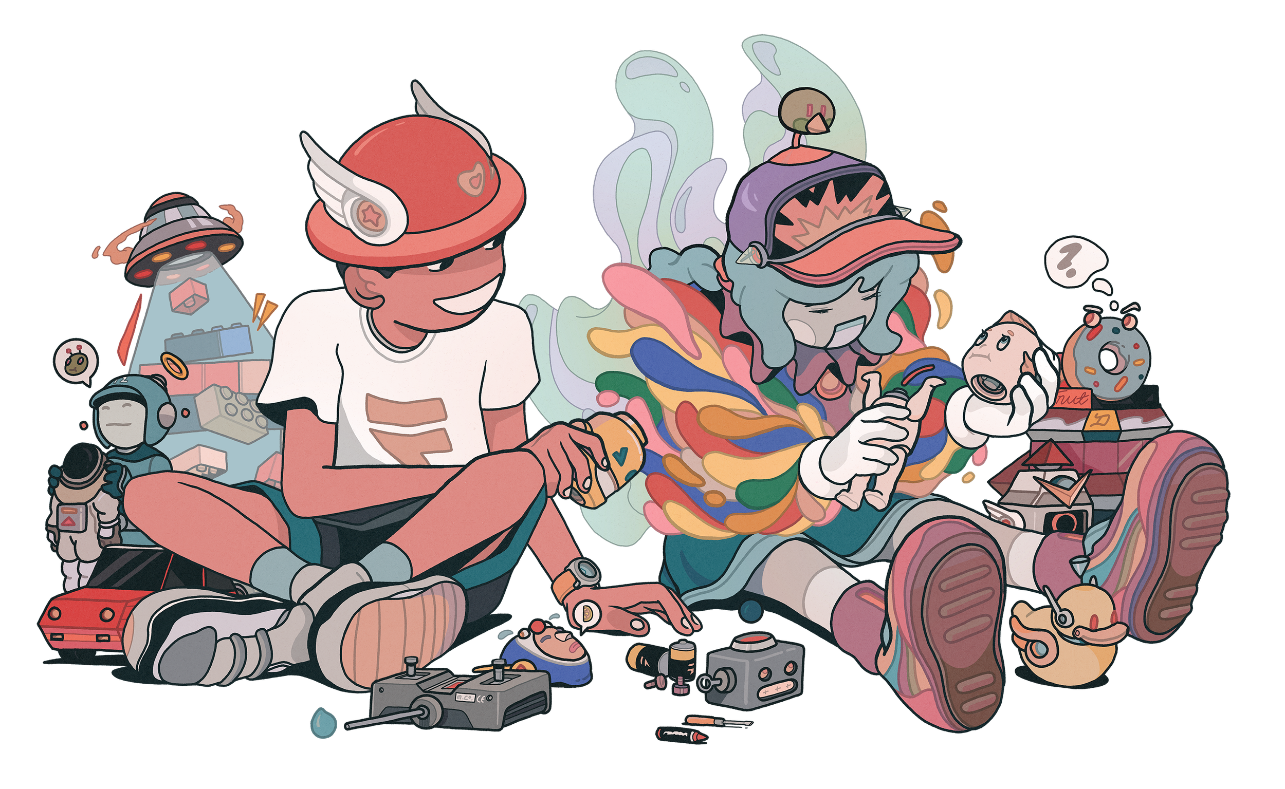 Echo and Angel surrounded by toys used for the stories they're creating inside the world of RENGA.