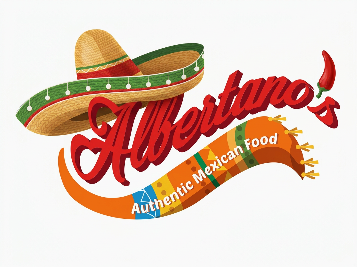 A colorful logo for a Mexican restaurant named Albortanos with a sombrero, red chili pepper, and a decorative ribbon that reads, 'Authentic Mexican Food'.