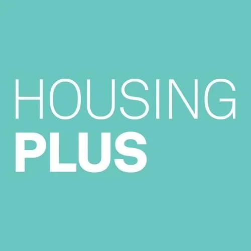 Logo with the words "Housing Plus" on a teal background.