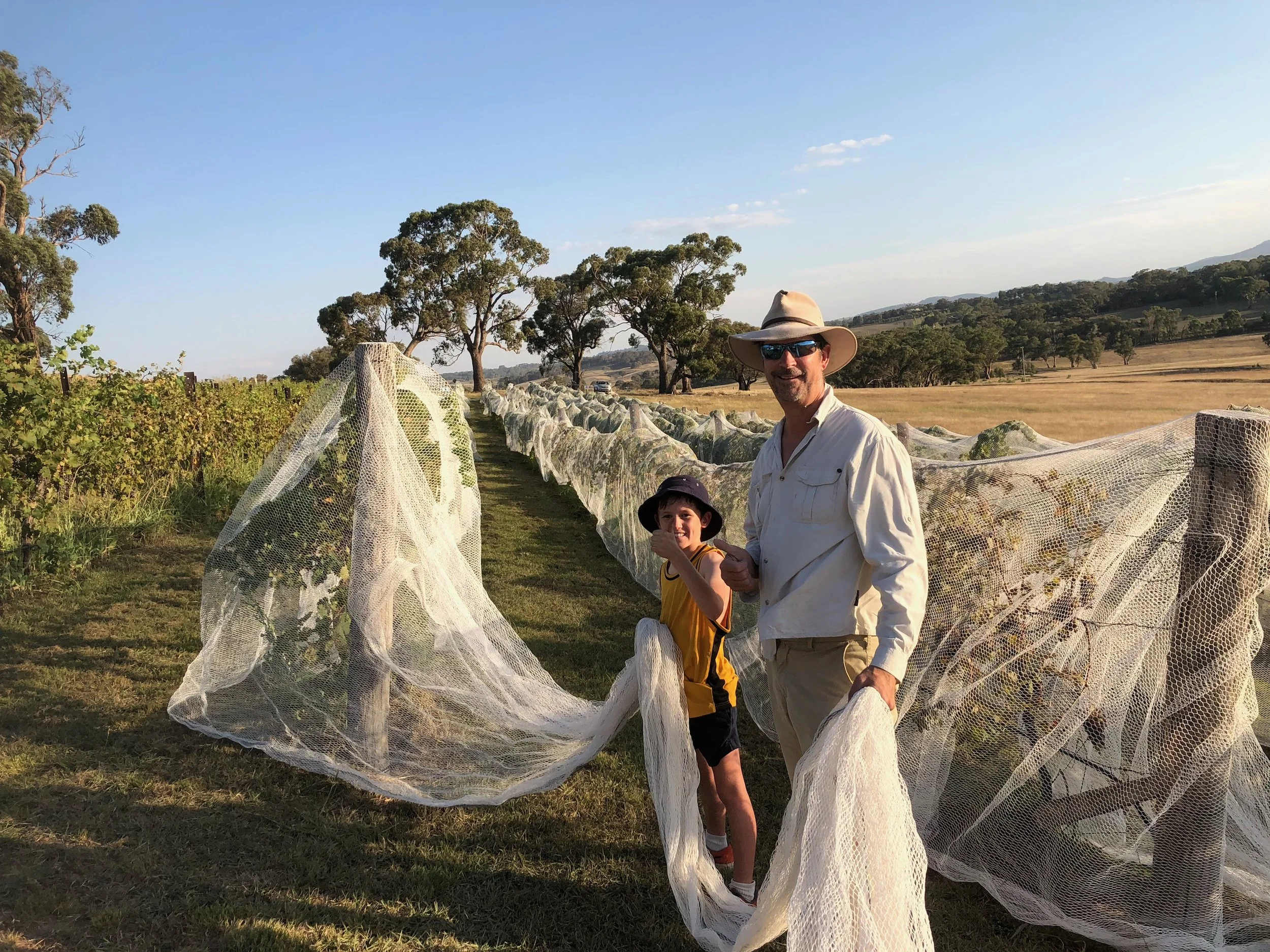 A man and a young boy standing in a vineyard during the day, both smiling and holding a fishing net with grapevines behind them, with trees and rolling hills in the background.