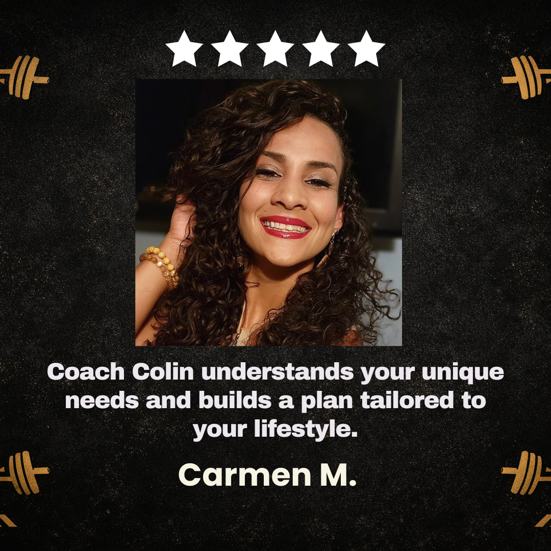 A smiling woman with curly brown hair and red lipstick, wearing earrings and a bracelet, set against a dark background with white stars and gold dumbbell icons. Text reads: 'Coach Colin understands your unique needs and builds a plan tailored to your lifestyle. Carmen M.'