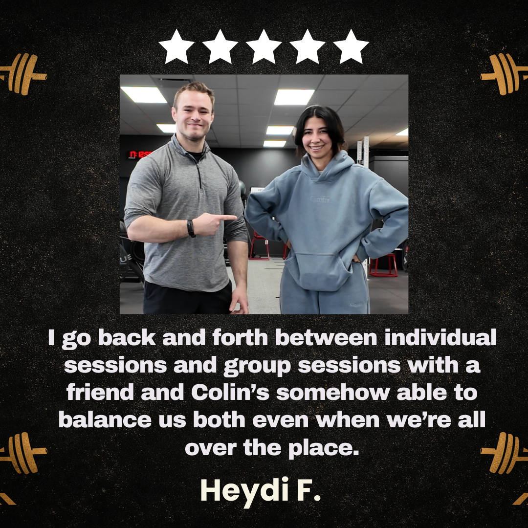 A man and a woman posing in a gym, she is wearing a light blue hoodie and he is in a gray long-sleeve shirt. The man is pointing at the woman. Overlaid text states that she goes back and forth between individual and group sessions with a friend, and mentions someone named Colin. The background of the image is black with white stars at the top and small barbell icons at the corners.