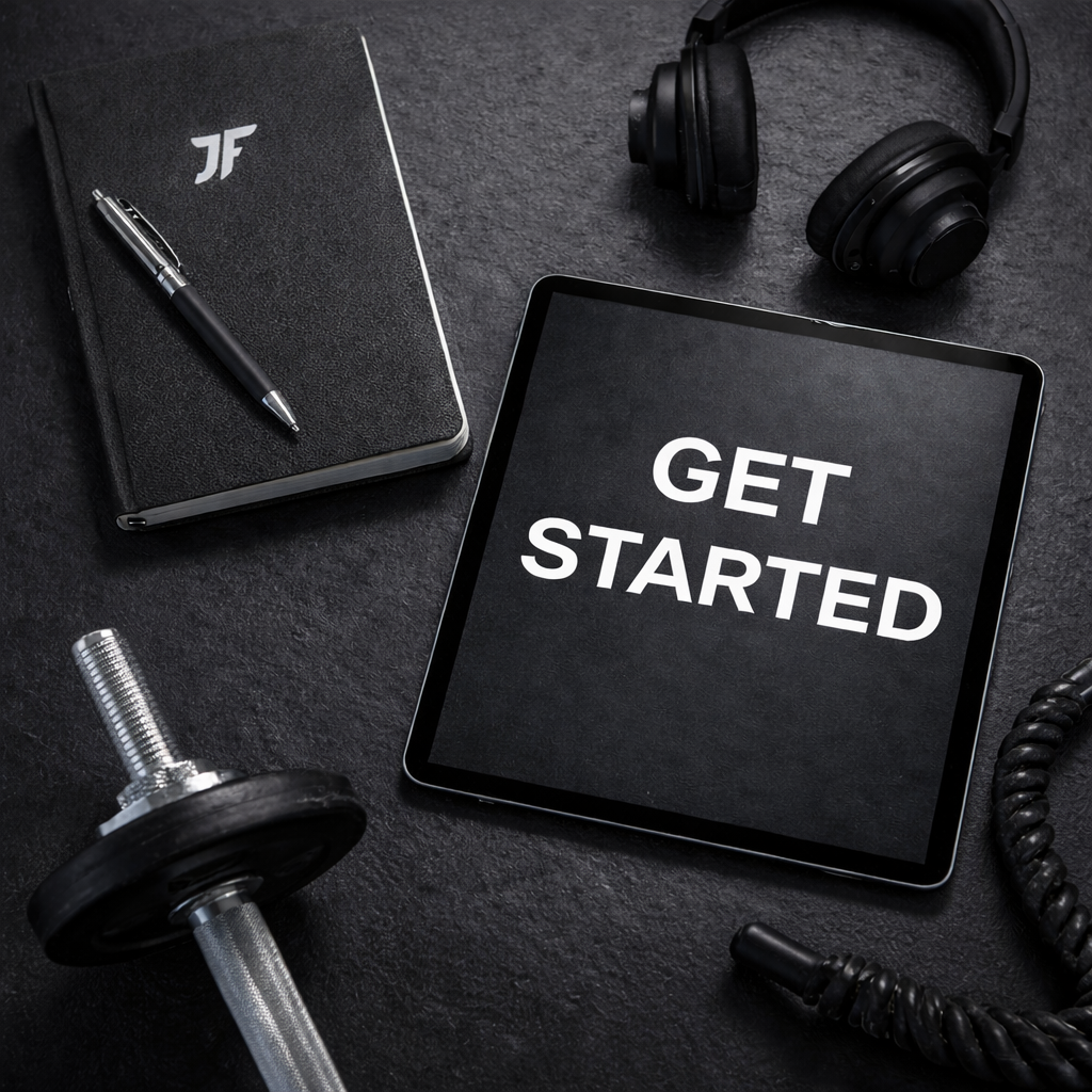 Fitness equipment and accessories arranged on a black surface, including a tablet with the words 'GET STARTED,' a notebook with a pen, headphones, a dumbbell, and a jump rope.