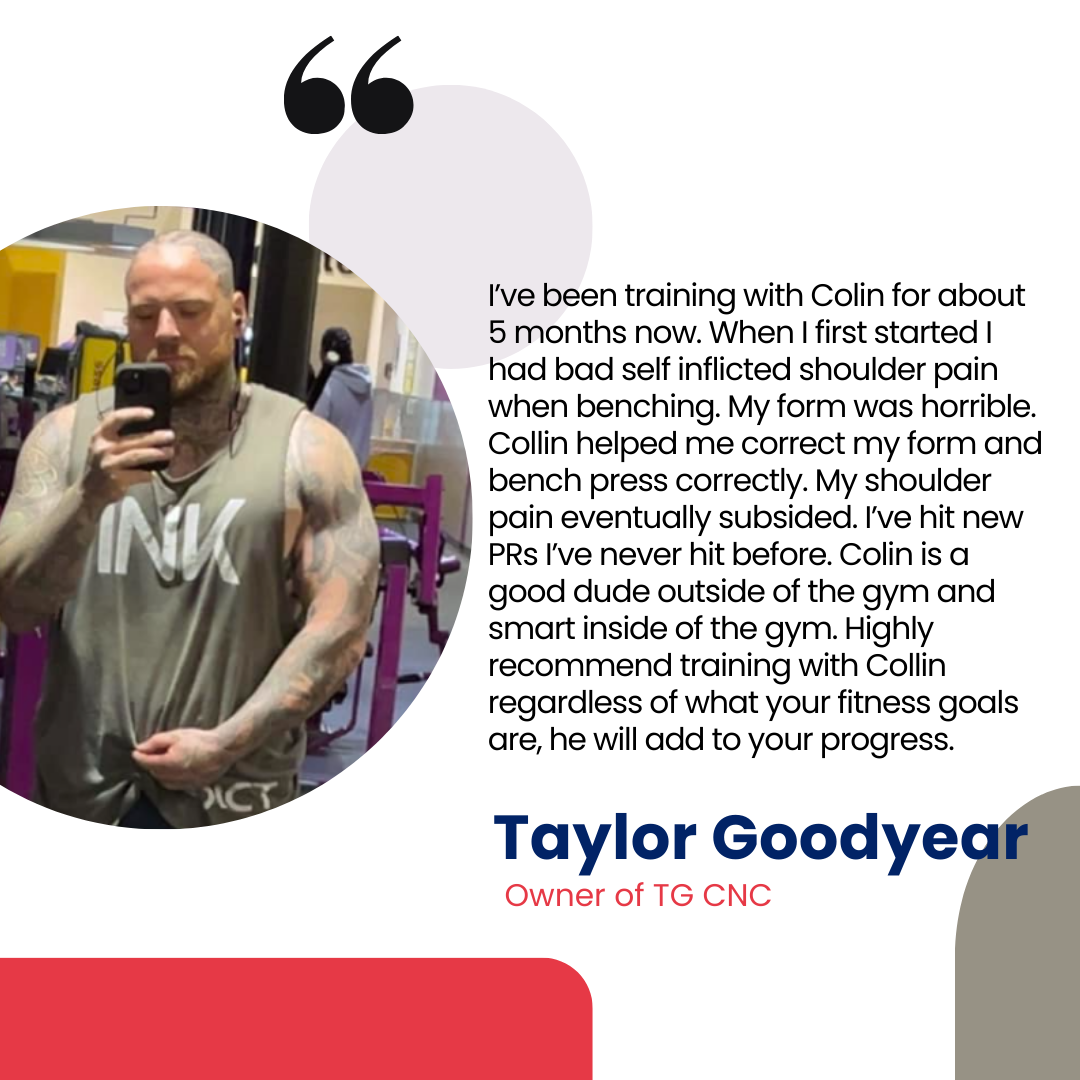 Testimonial quote from Taylor Godyear, owner of TG CNC, with a photo of him in a gym taking a selfie.