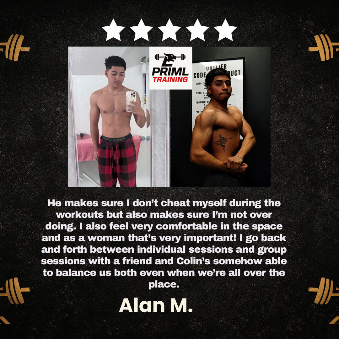 Side-by-side comparison of two young men, one taking a mirror selfie shirtless with red and black checkered pants, and the other posing shirtless in a fitness gym, flexing his arm. The background features a black and gold fitness-themed design with gold barbell icons and five stars. The text in the image includes a testimonial from Alan M. about his experience with workout sessions, emphasizing honesty, comfort, and balance.
