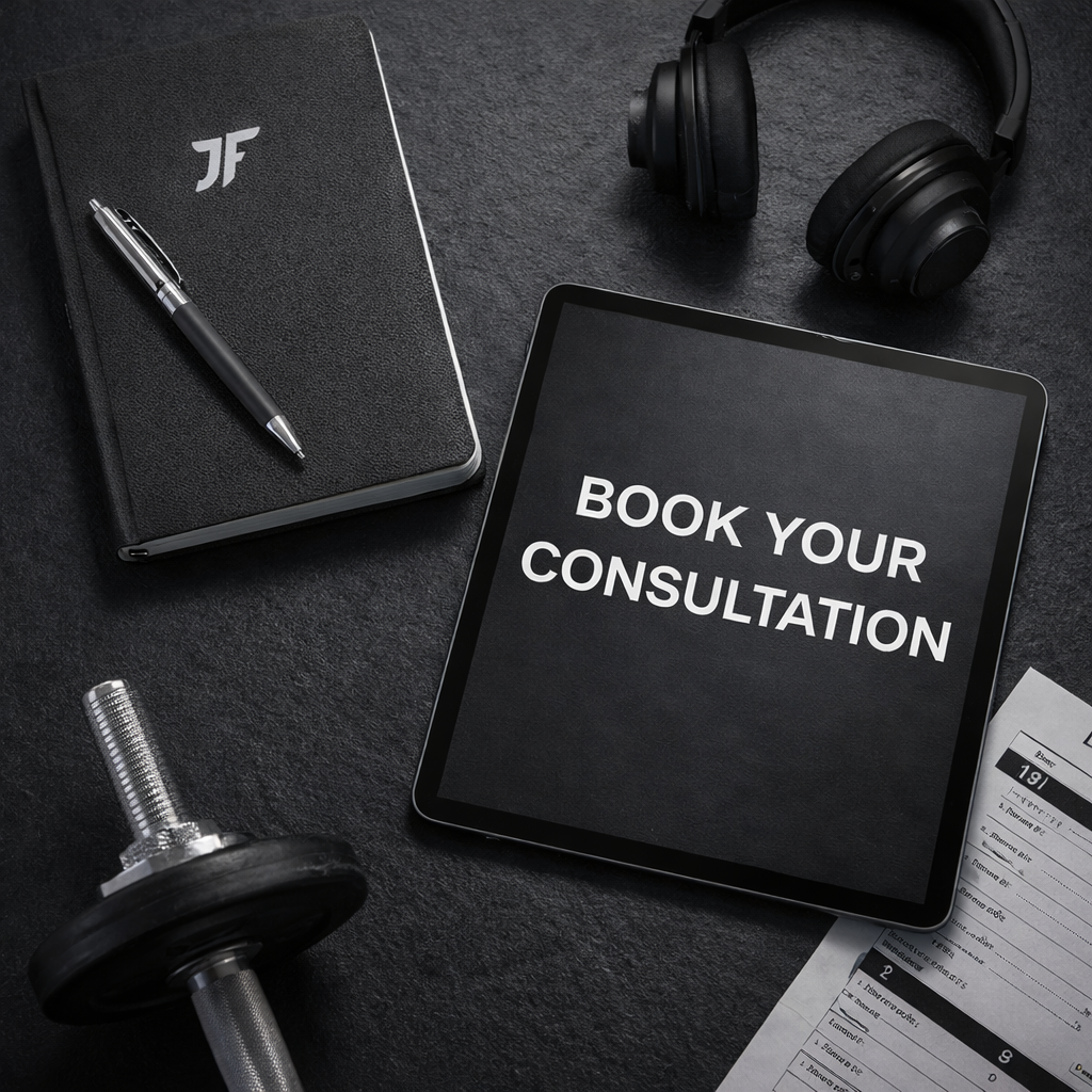 Tablet displaying 'Book Your Consultation,' with headphones, a notebook and pen, a dumbbell, and documents on a black surface.