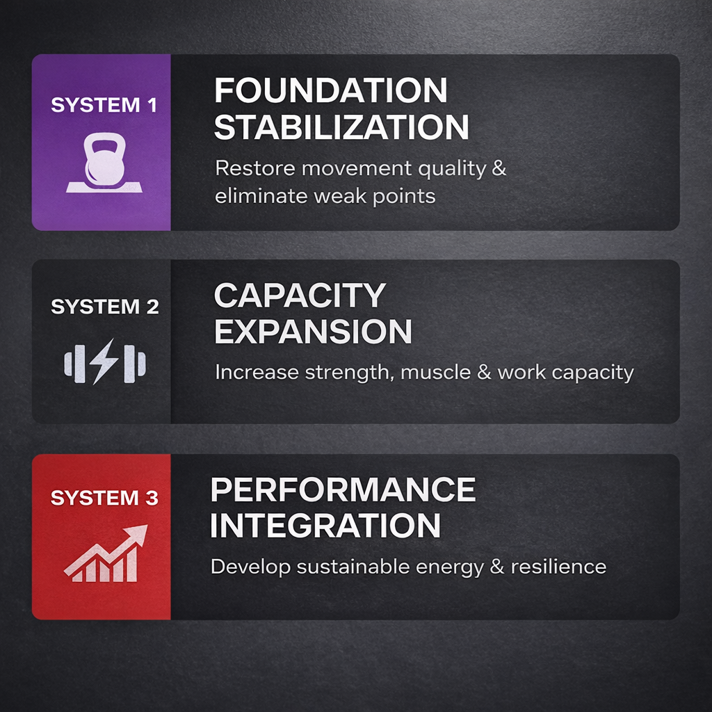 A graphic illustrating three systems for fitness training. System 1, foundation stabilization, with an icon of a kettlebell, focuses on restoring movement quality and eliminating weak points. System 2, capacity expansion, with a barbell and lightning bolt icon, aims to increase strength, muscle, and work capacity. System 3, performance integration, with a graph icon, develops sustainable energy and resilience.