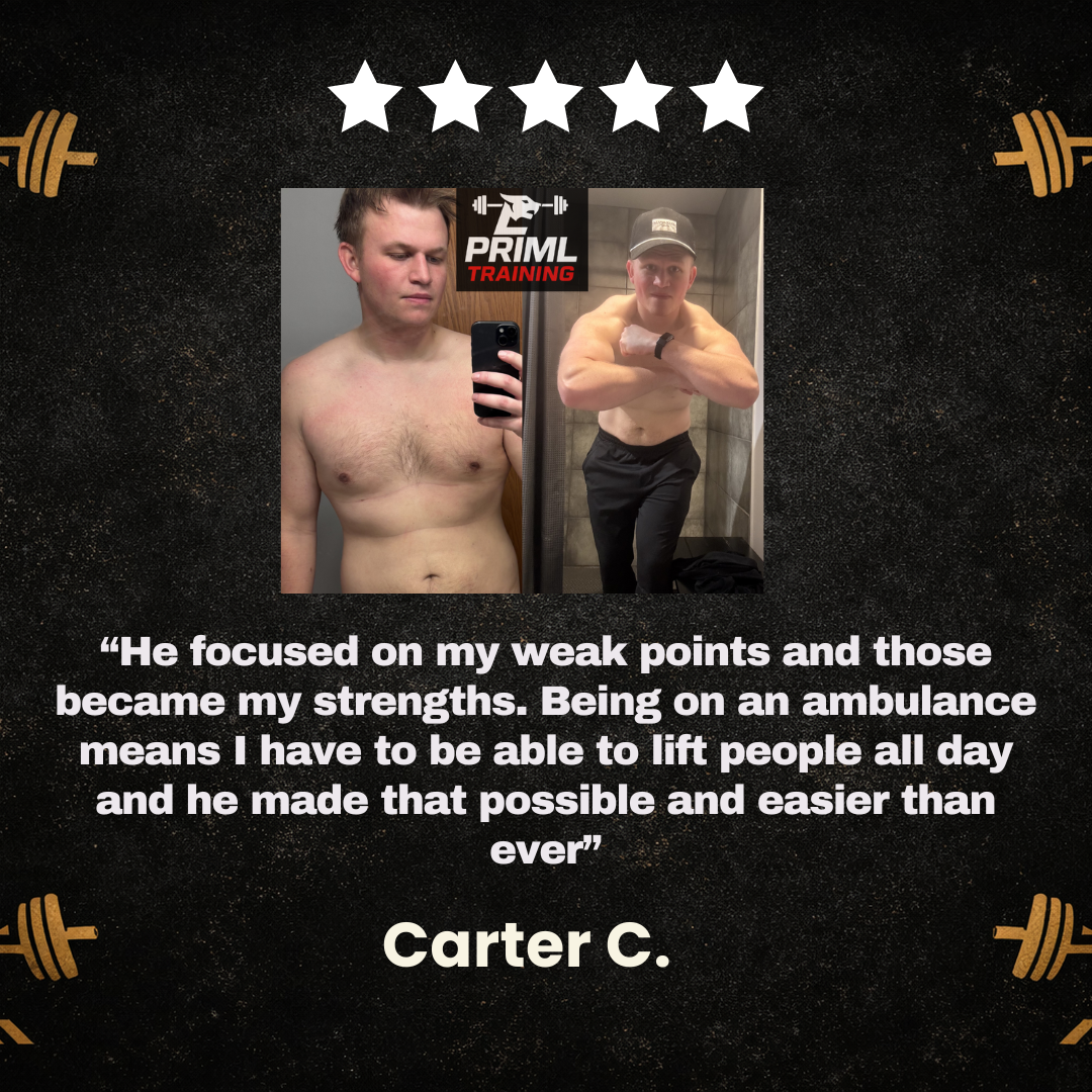 Before and after photos of a man showing physical transformation, with a five-star graphic above, a logo for PRIMAL TRAINING in the top center, and a quote from Carter C. about his fitness journey.