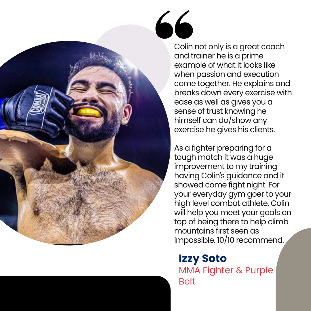 Close-up of a muscular MMA fighter with a beard, holding a yellow mouthguard in his mouth, wearing a black UFC glove, and flexing his arm, with a shining light behind his head, and a quote about coach Colin.