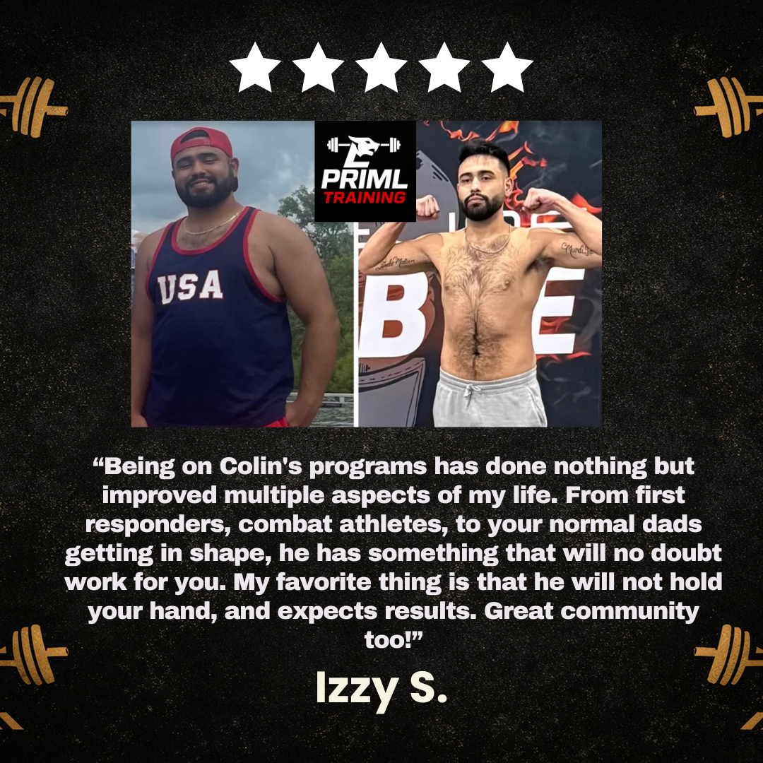 Client testimonial featuring before and after photos of a man who improved his fitness through Primal Training. The before photo shows a man in a USA tank top with a beard, red cap, and gold chain. The after photo shows the same man shirtless, flexing his muscles, looking fitter and more muscular. The background has a black and gold fitness-themed design with dumbbell icons. There is a quote praising Colin's programs for helping improve multiple aspects of life and fitness, signed by Izzy S.