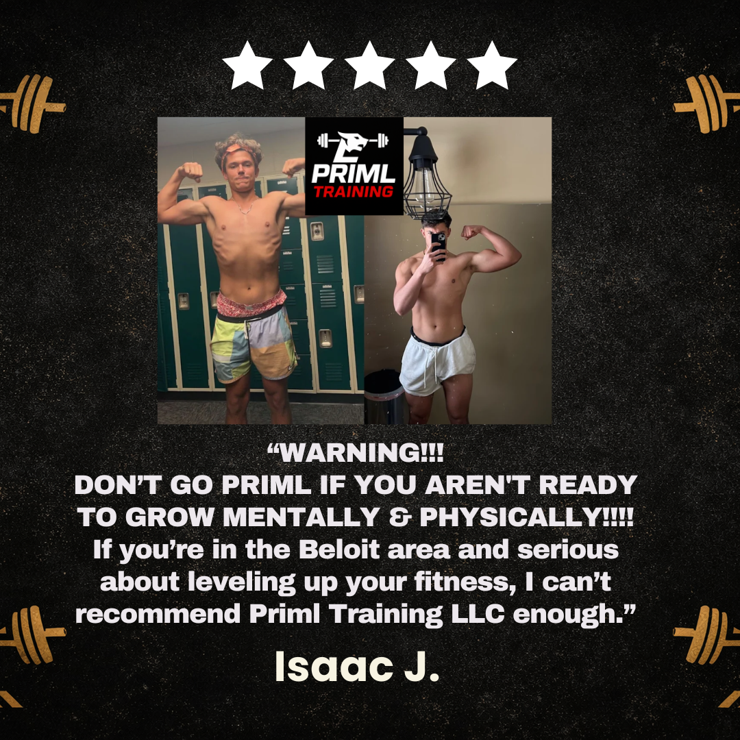 Before and after photos of a young man showing muscle growth, with a locker room in the background on the left and a mirror selfie with a plain wall on the right. The image includes a logo for PRIMAL TRAINING and text emphasizing the benefits of lifting weights and fitness improvement.