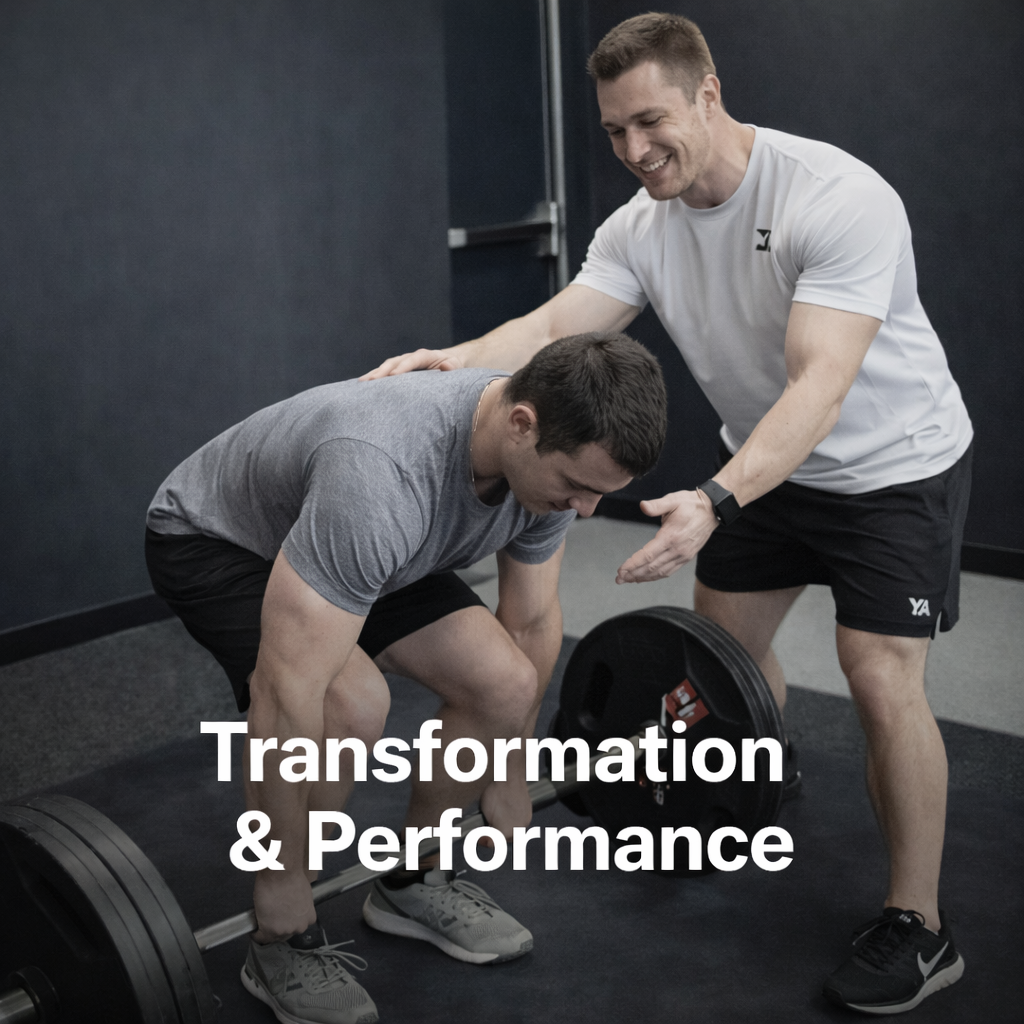 A fitness trainer assisting a man with deadlifting weights in a gym, both smiling, with the words 'Transformation & Performance' overlayed.