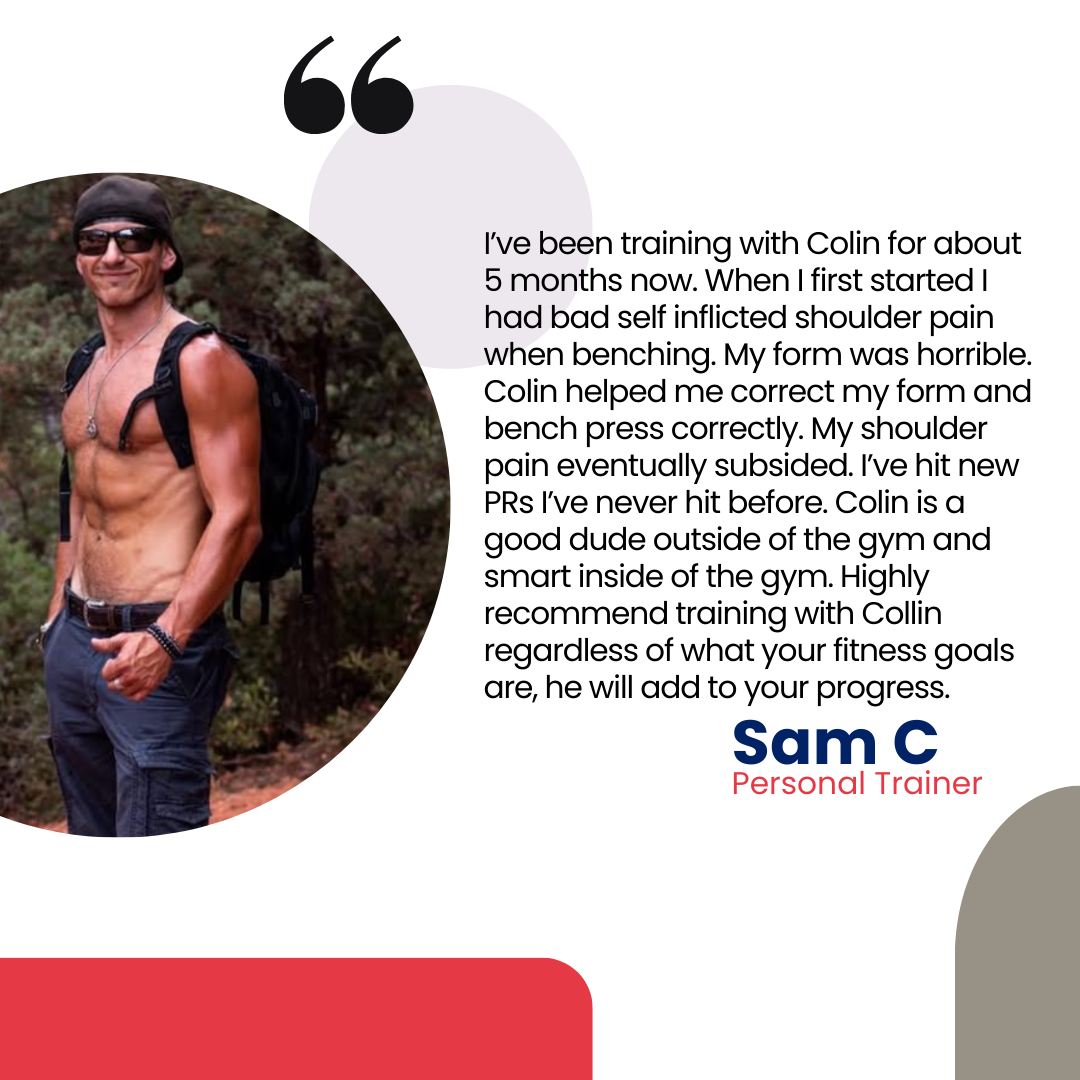 A testimonial graphic featuring a photo of a muscular man in sunglasses, a cap, and casual outdoor attire, with a quote about his fitness progress, and the name Sam C as a personal trainer.