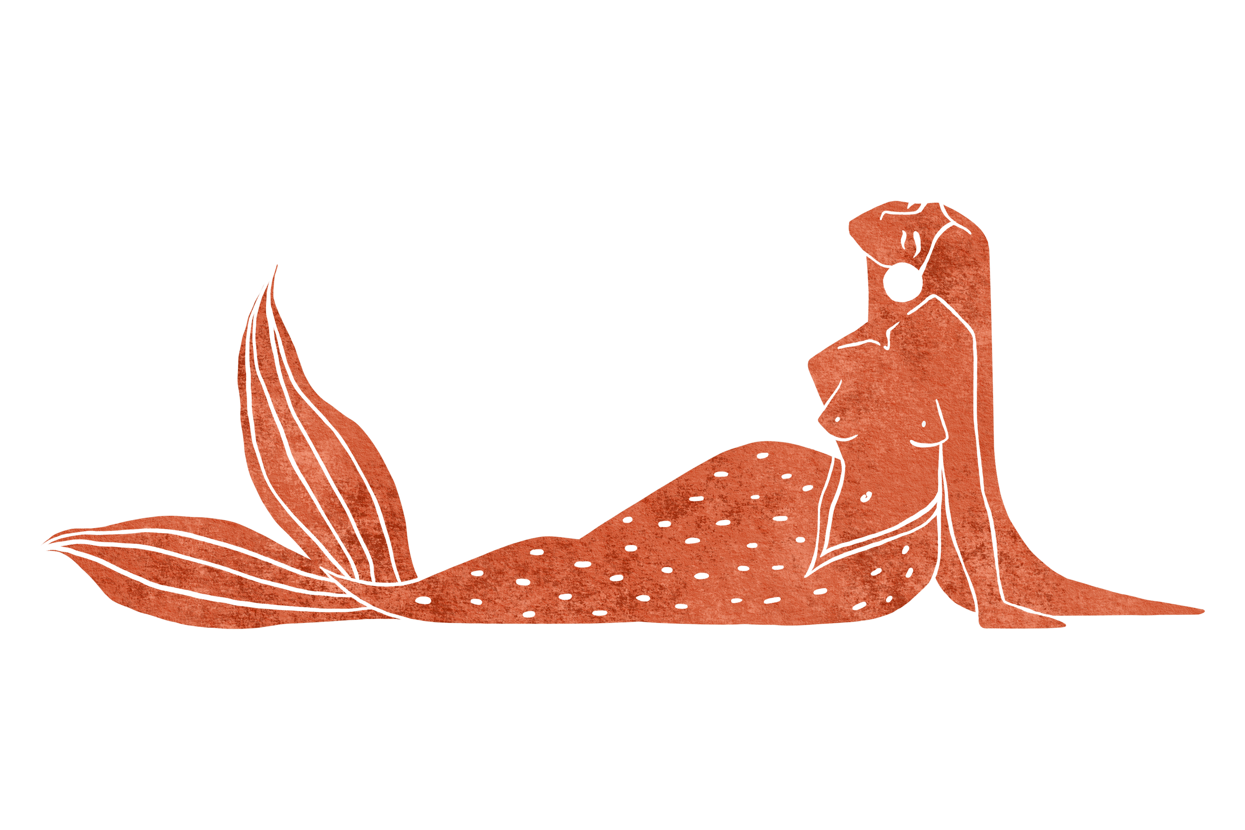 Illustration of a mermaid with an orange, scaly tail, long hair, and a small top, lying on her side against a black background.