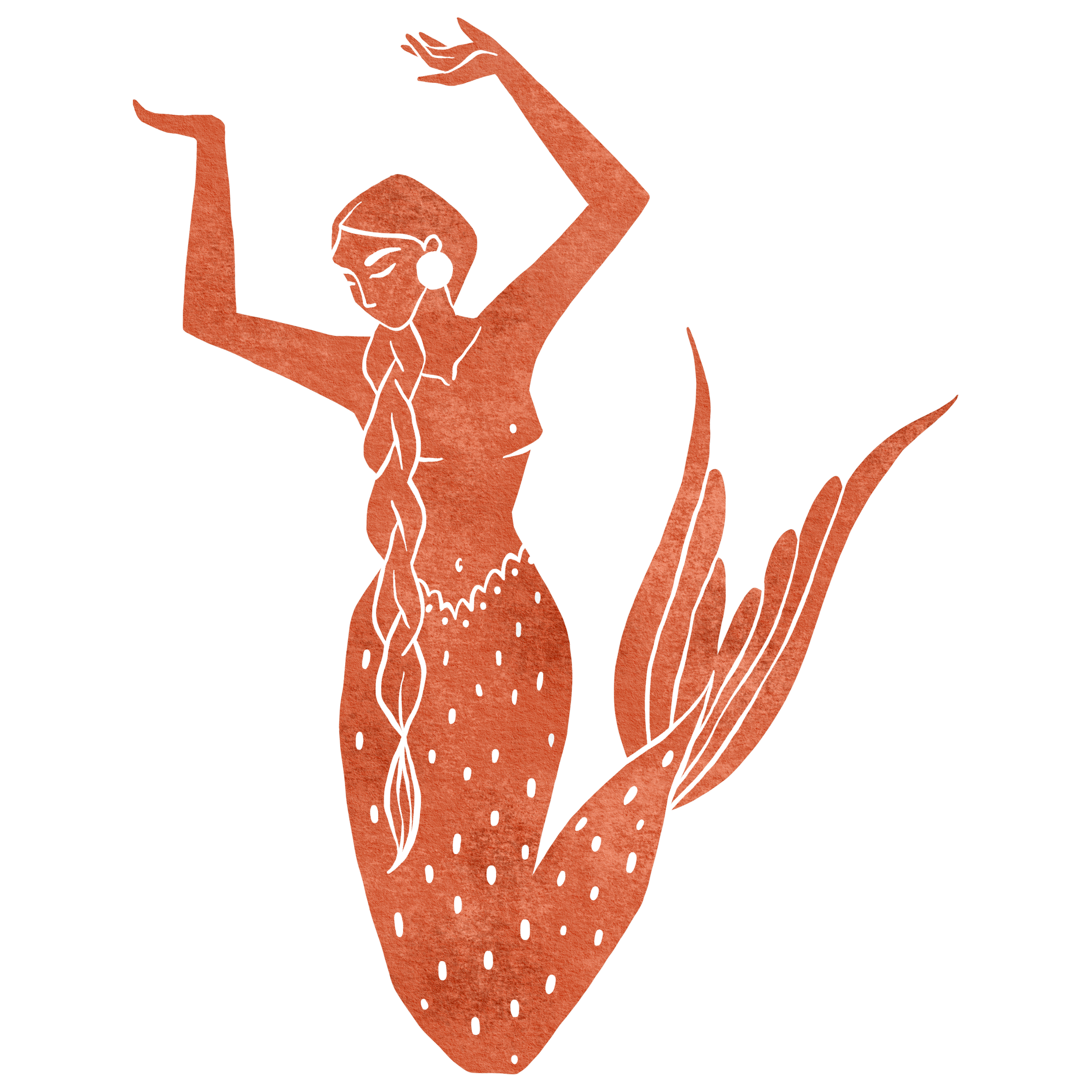 Illustration of a woman with long braided hair, wearing earrings, with her arms raised, surrounded by large abstract leaves and plant shapes in brownish-orange tones.