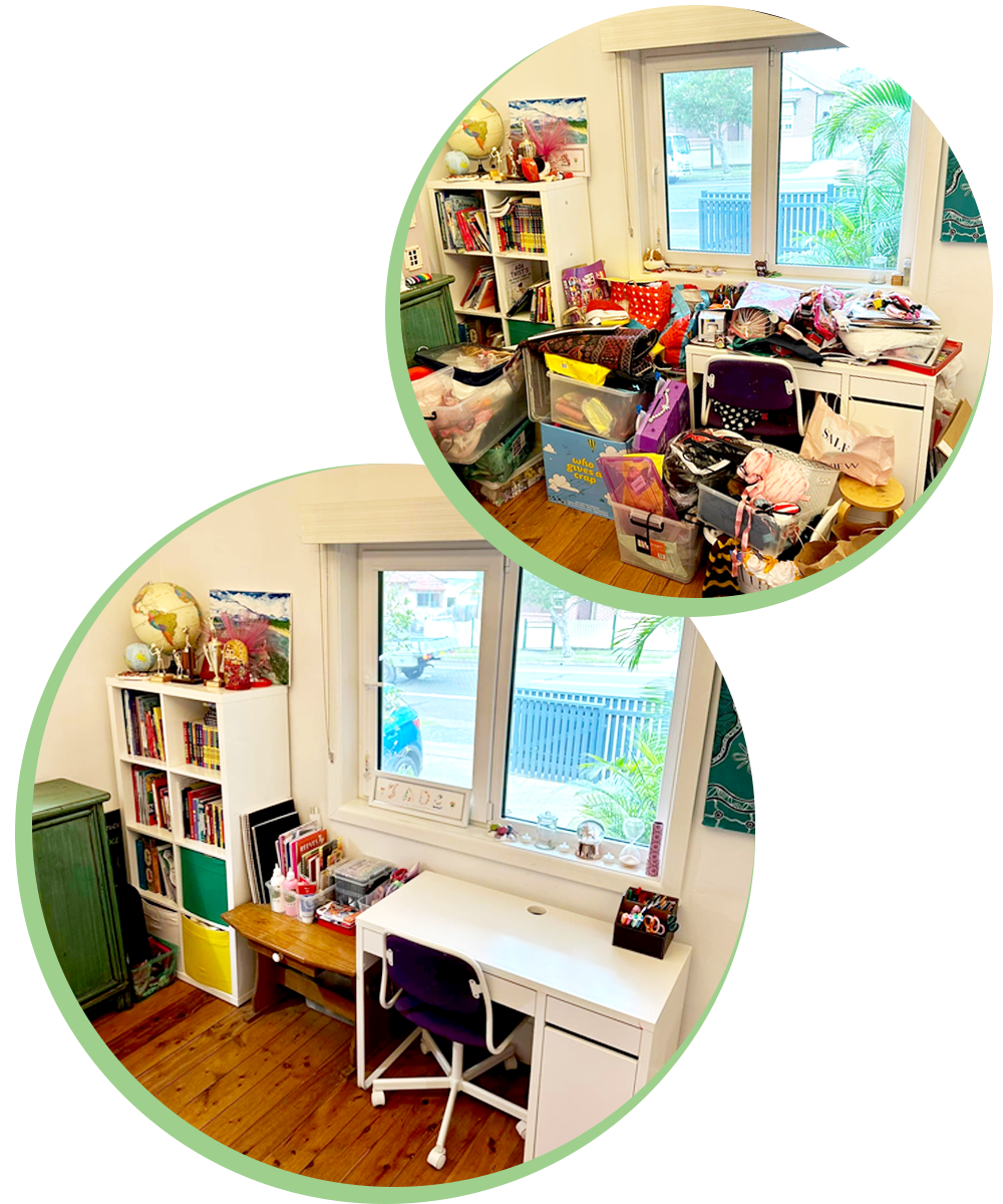 Before and after photos of a cluttered home office. The first image shows the room filled with piles of books, papers, and storage containers. The second image shows the same space organized with a clean desk, a white bookshelf, a small wooden table, and a green cabinet, with the window and some decorations visible.
