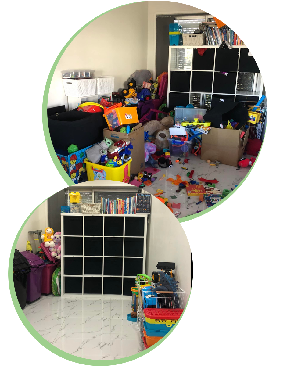 Before and after photos of a child's playroom, showing cluttered toys and organized shelves.