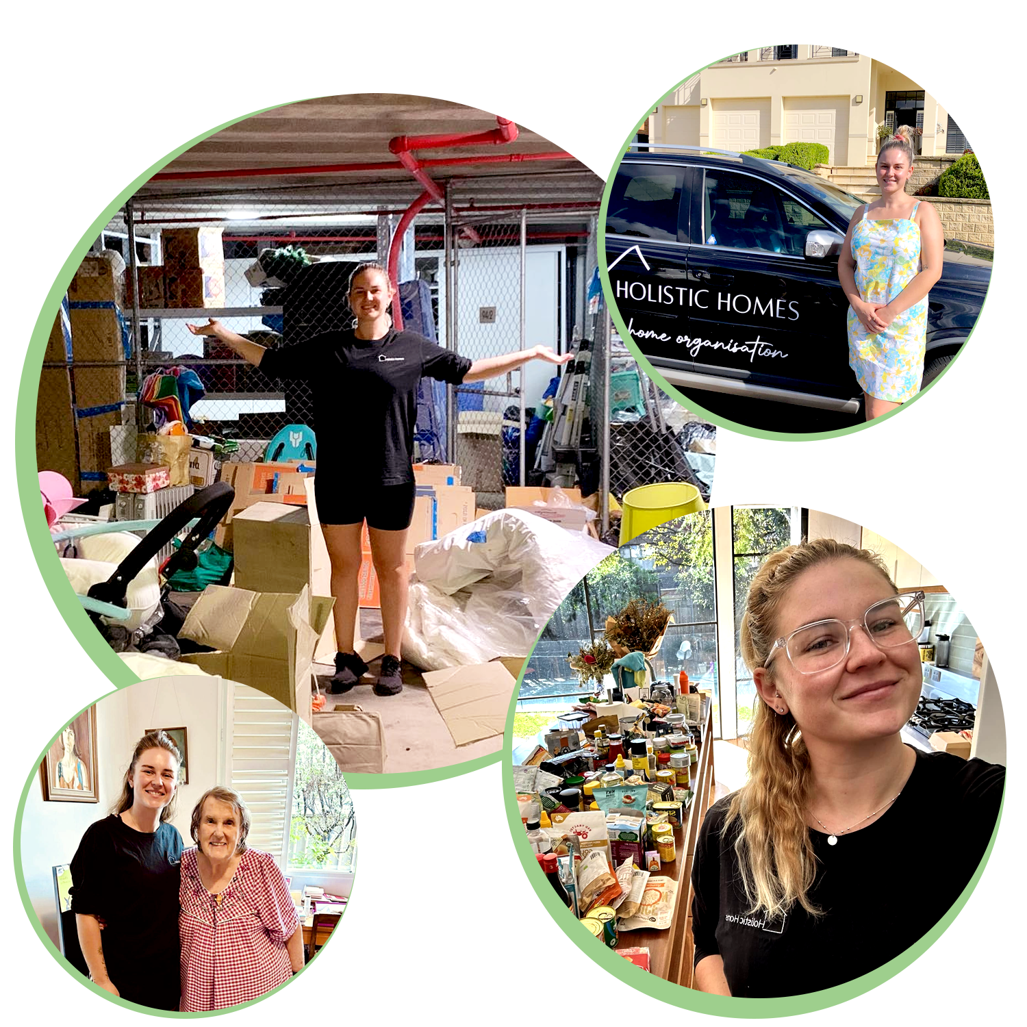 Collage of five photos showing a young woman volunteering. The first photo shows her standing in a garage surrounded by boxes and supplies. The second features her smiling outside next to a van with 'Holistic Homes' written on it. The third depicts her indoors with canned and packaged food on a table. The fourth includes her with an elderly woman inside a room with a window. The fifth captures her smiling inside a kitchen with groceries on the counter.