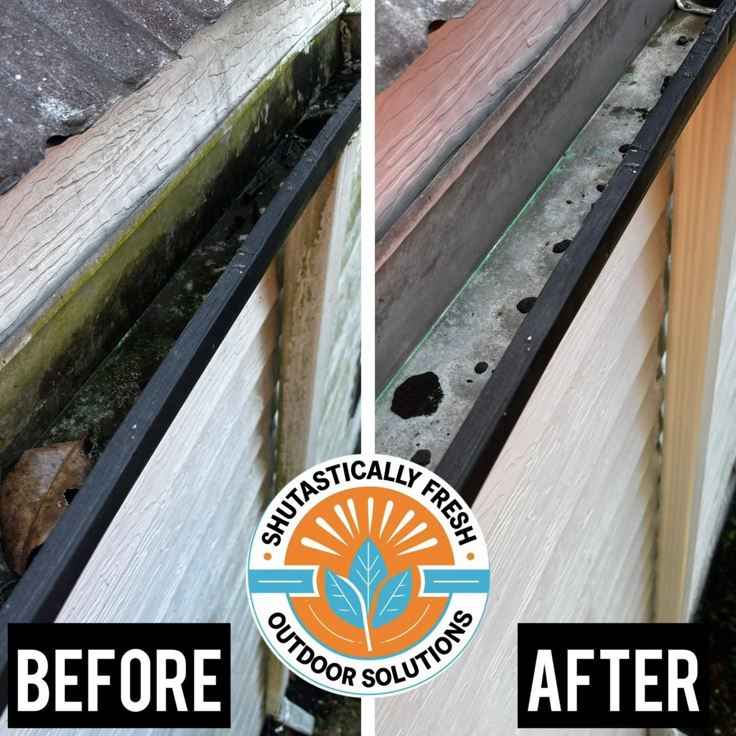 Clogged gutters can cause serious water damage &mdash; but not when Shutastically Fresh Outdoor Solutions is on the job! 🌦️

We remove all debris, rinse everything clean, and then brighten the gutters for that like-new shine. ✨
The result? Clear flo