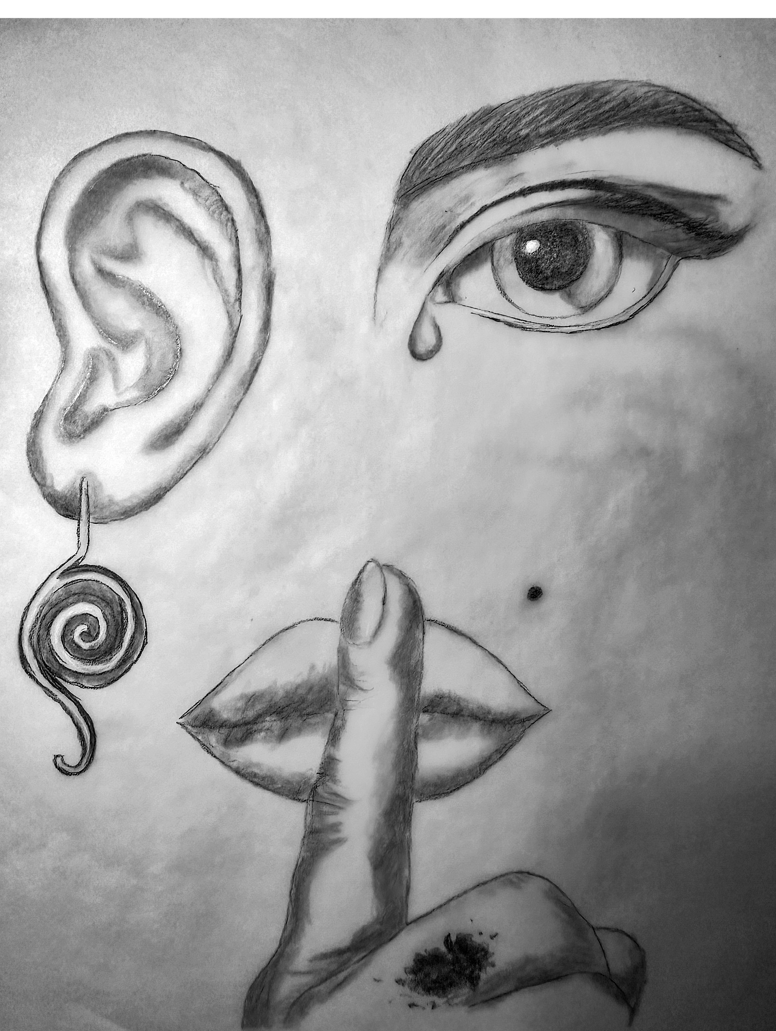 A pencil drawing of a human eye with detailed shading, with a single tear falling from the lower eyelid, next to a stylized ear. Below the eye, there are lips with an ink-stained finger shushing. The Rosarium: The Klipa Veil.