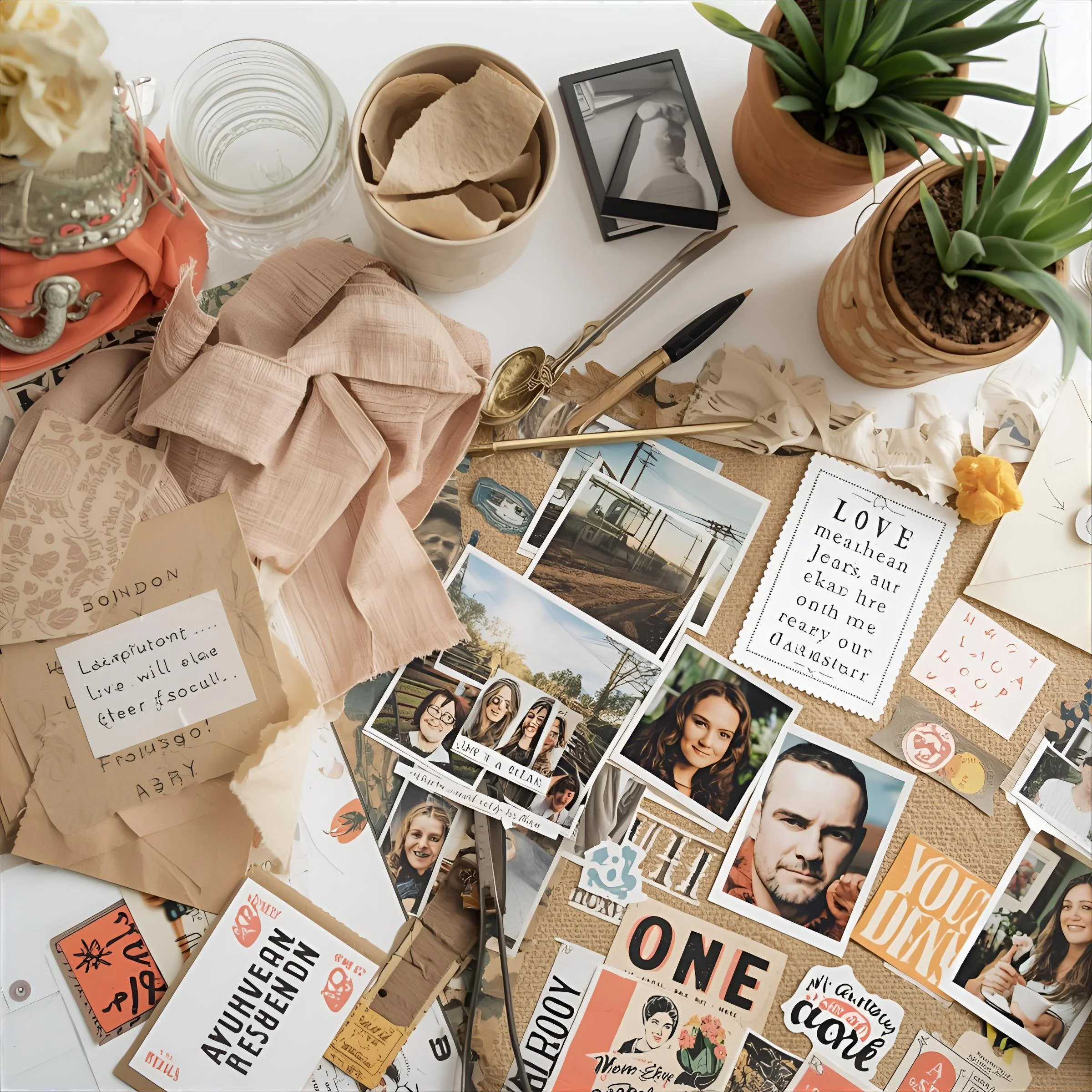 A cluttered desk with photographs, notes, potted plants, and various decorative items arranged in an aesthetic way for a personal or creative project.