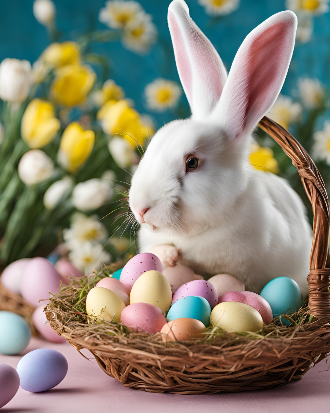A white rabbit with pink ears sitting in a nest filled with pastel-colored Easter eggs, with a background of yellow and white flowers on a blue backdrop.