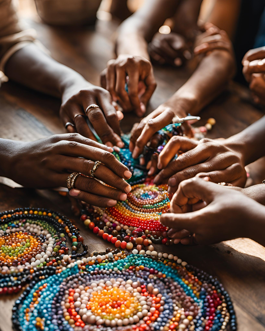 Multiple hands of different skin tones exchanging and arranging colorful beaded necklaces and jewelry on a wooden surface.