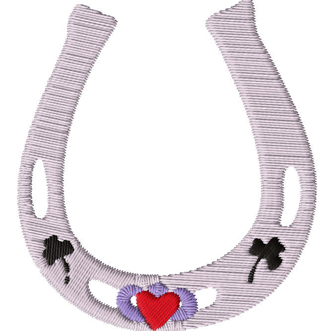 An embroidered horseshoe with decorative clovers and a Claddagh.