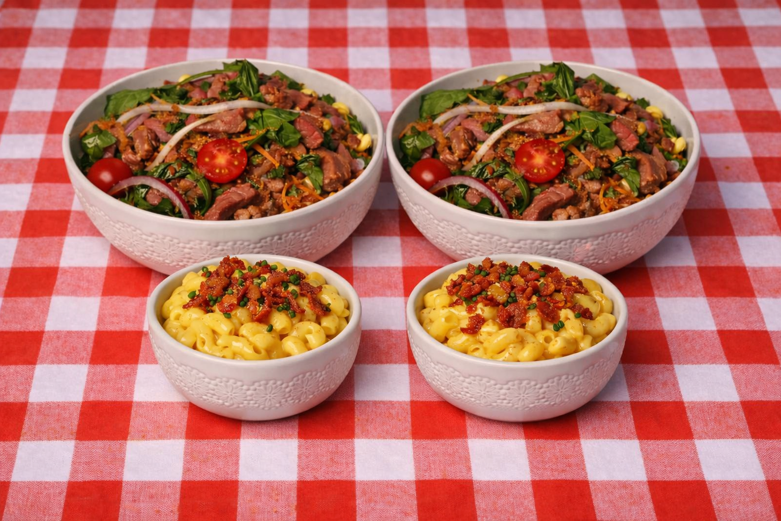 Family Option - 2 x Chef's Thai Salad with Beef or Chicken, 2 x Kids Healthy Mac & Cheese, 4 x Chilled Water & 4 x Sweet Energy Bites