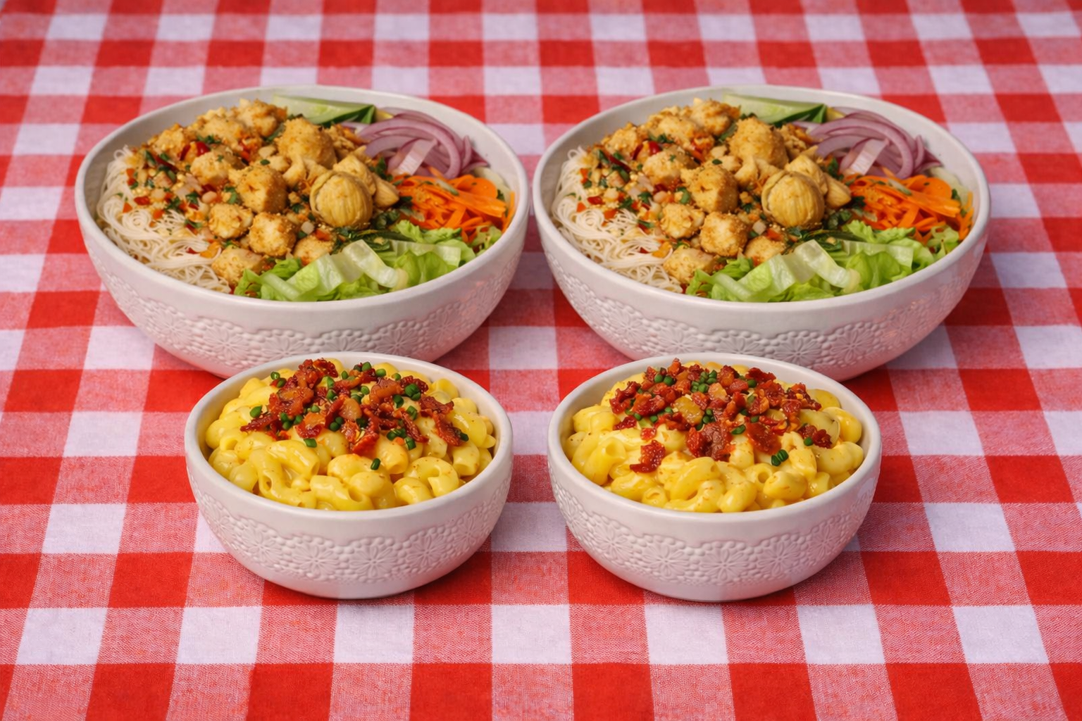 Family Option - 2 x Chef's Vietnamese Salad with Beef or Chicken, 2 x Kids Healthy Mac & Cheese, 4 x Chilled Water & 4 x Sweet Energy Bites