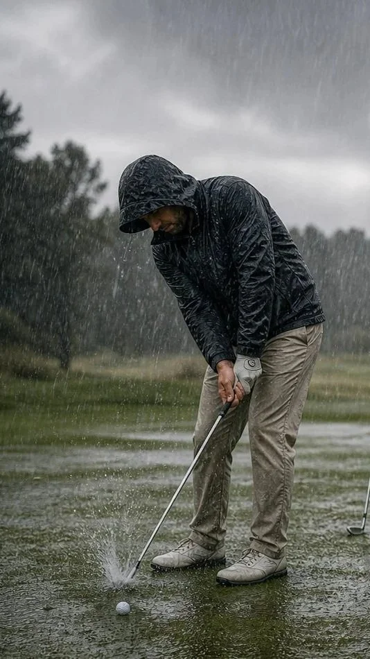 Golfer trying to play in rain