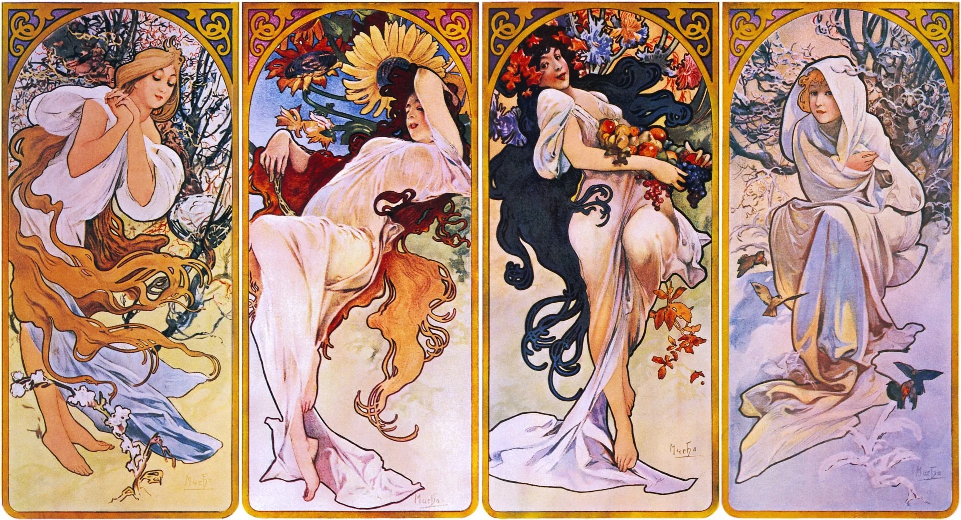 A colorful vintage-style triptych illustration featuring four women, each depicted in a different seasonal or symbolic setting with ornate golden frames. The women are surrounded by nature, flowers, and animals, representing different times of the year or aspects of life.