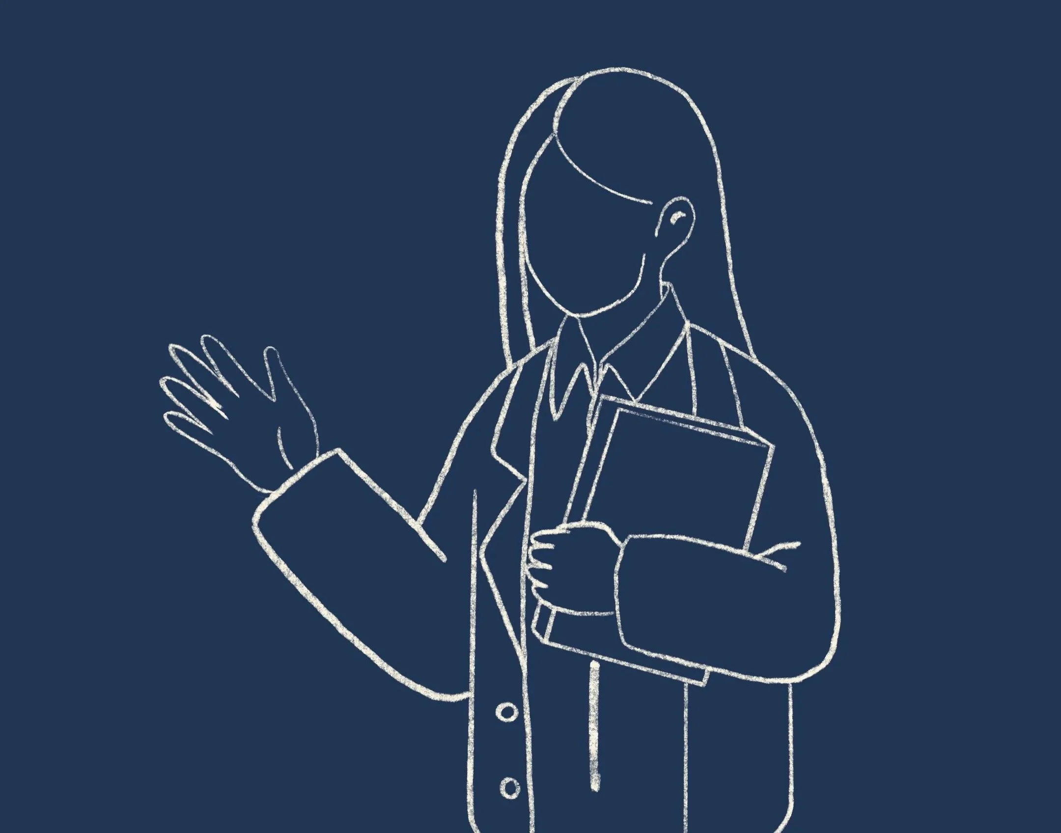 Outline drawing of a woman in a blazer holding a folder in one hand and waving with the other, with no facial features visible.