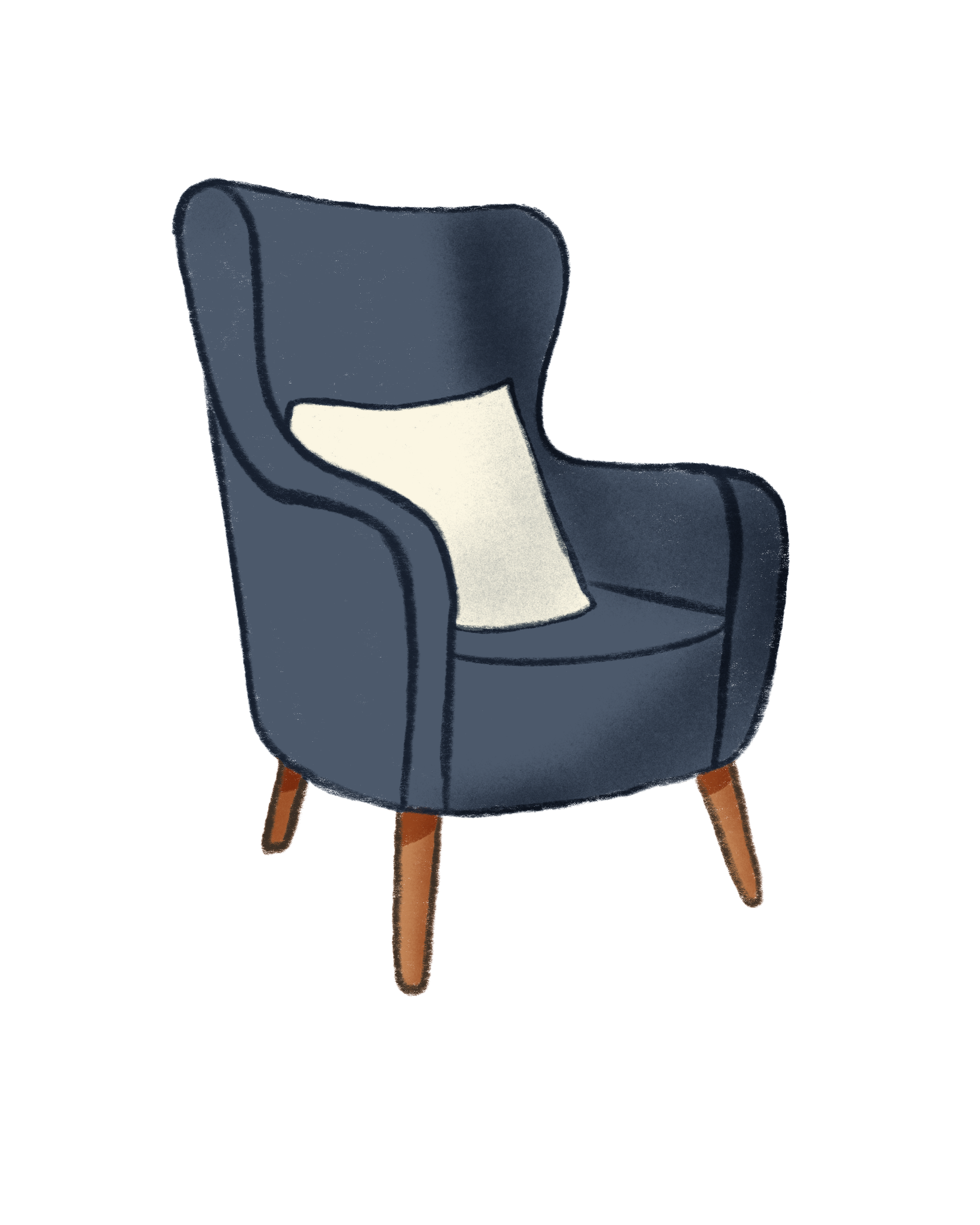 A blue upholstered armchair with wooden legs and a white cushion.