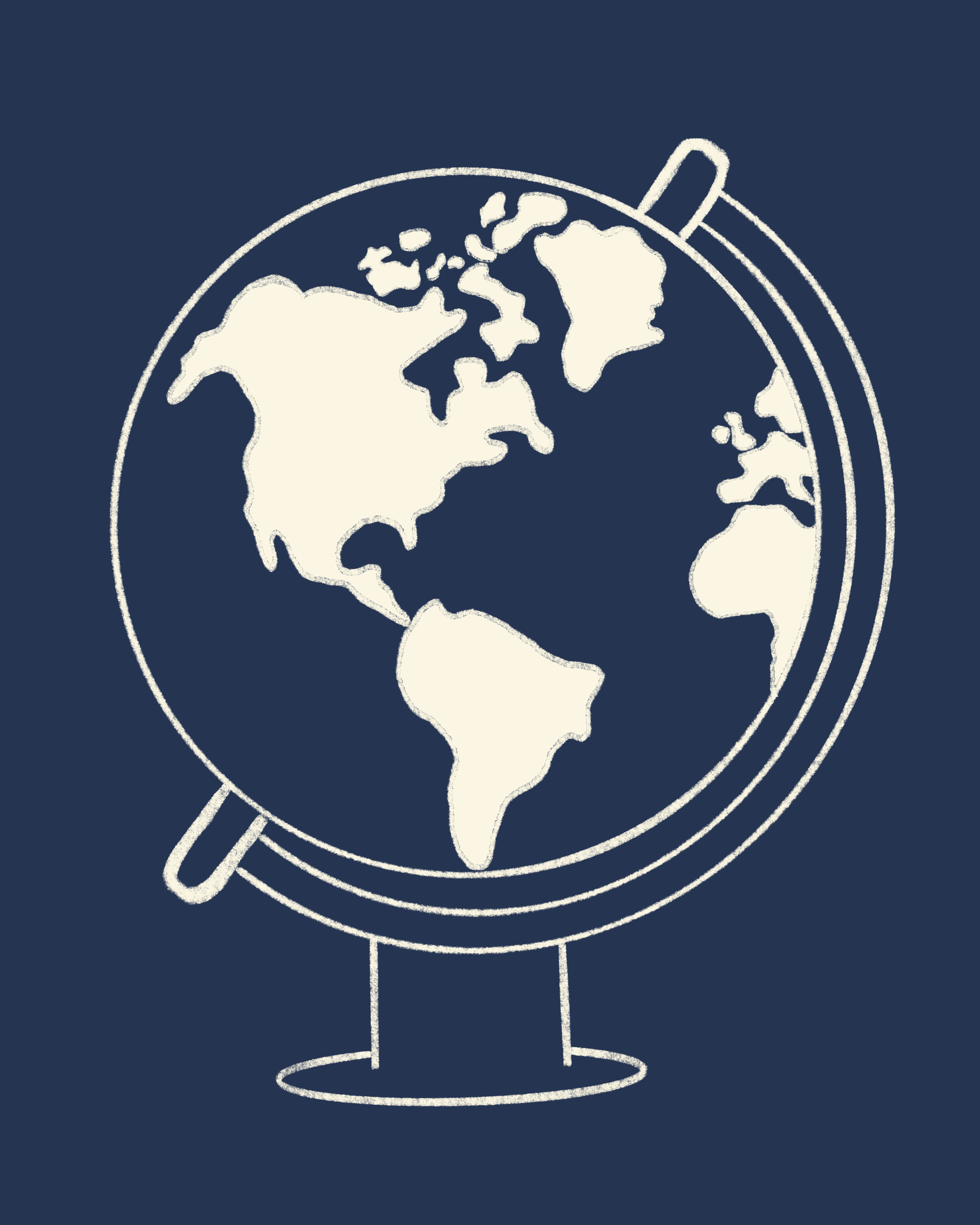 A chalk drawing of a globe on a blackboard, showing North and South America, with a stand and mounted on a globe holder.