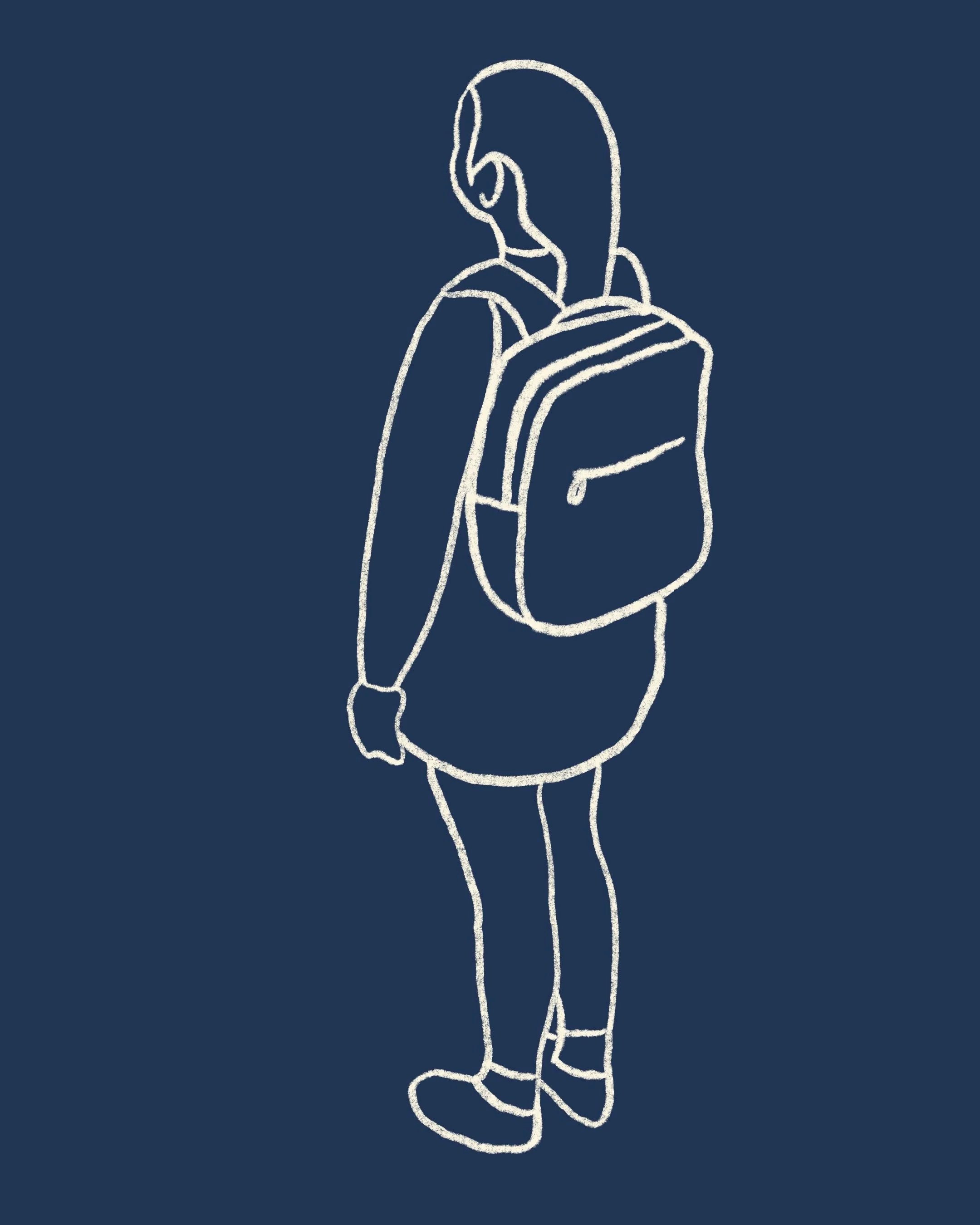 Line drawing of a girl with a backpack standing with her back facing the viewer.